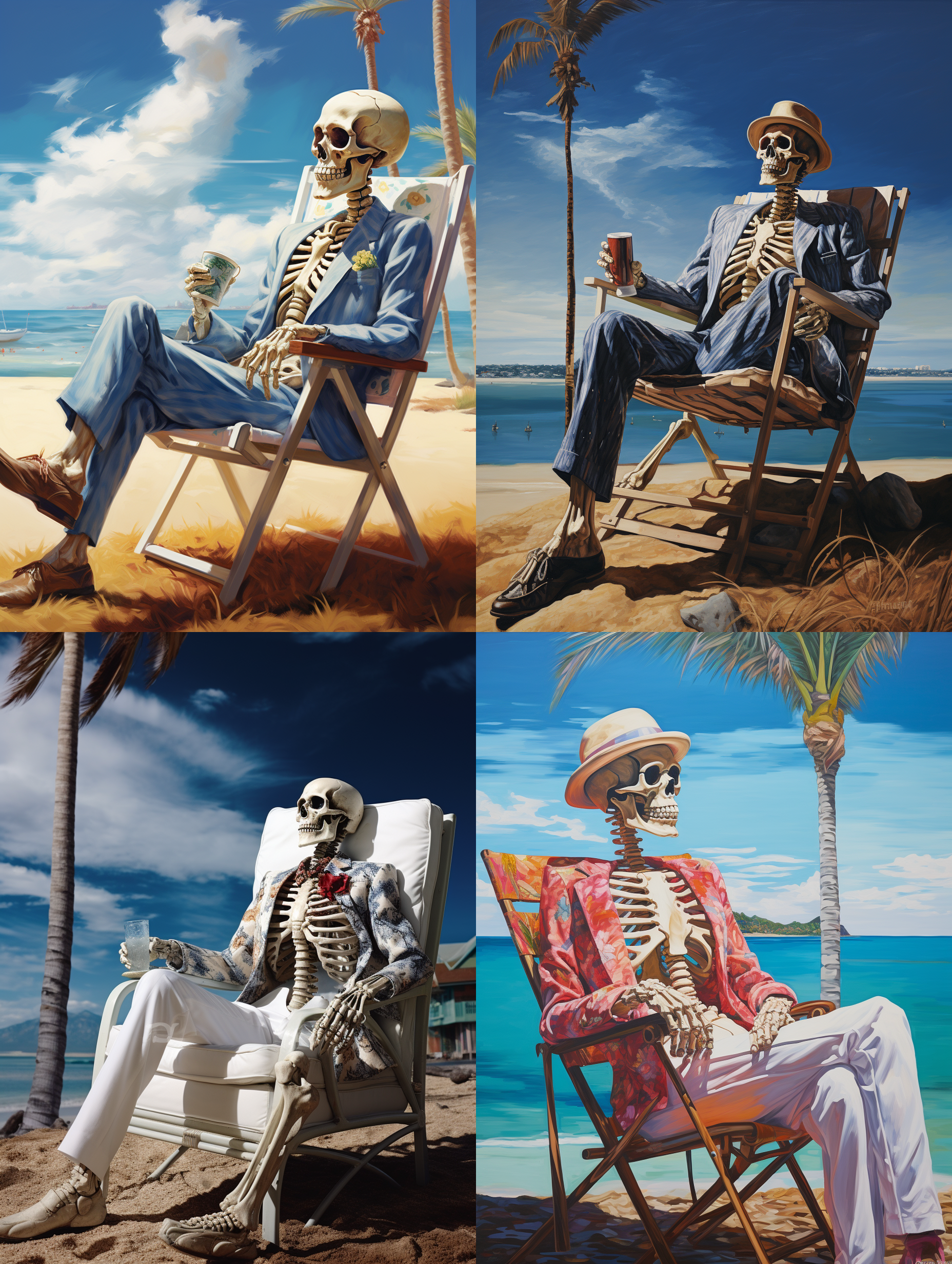骷髅人在海边渡假，身在海边沙滩的躺椅上，叼着一支烟，蓝色的海水，晴朗的天空，棷树在海边，
