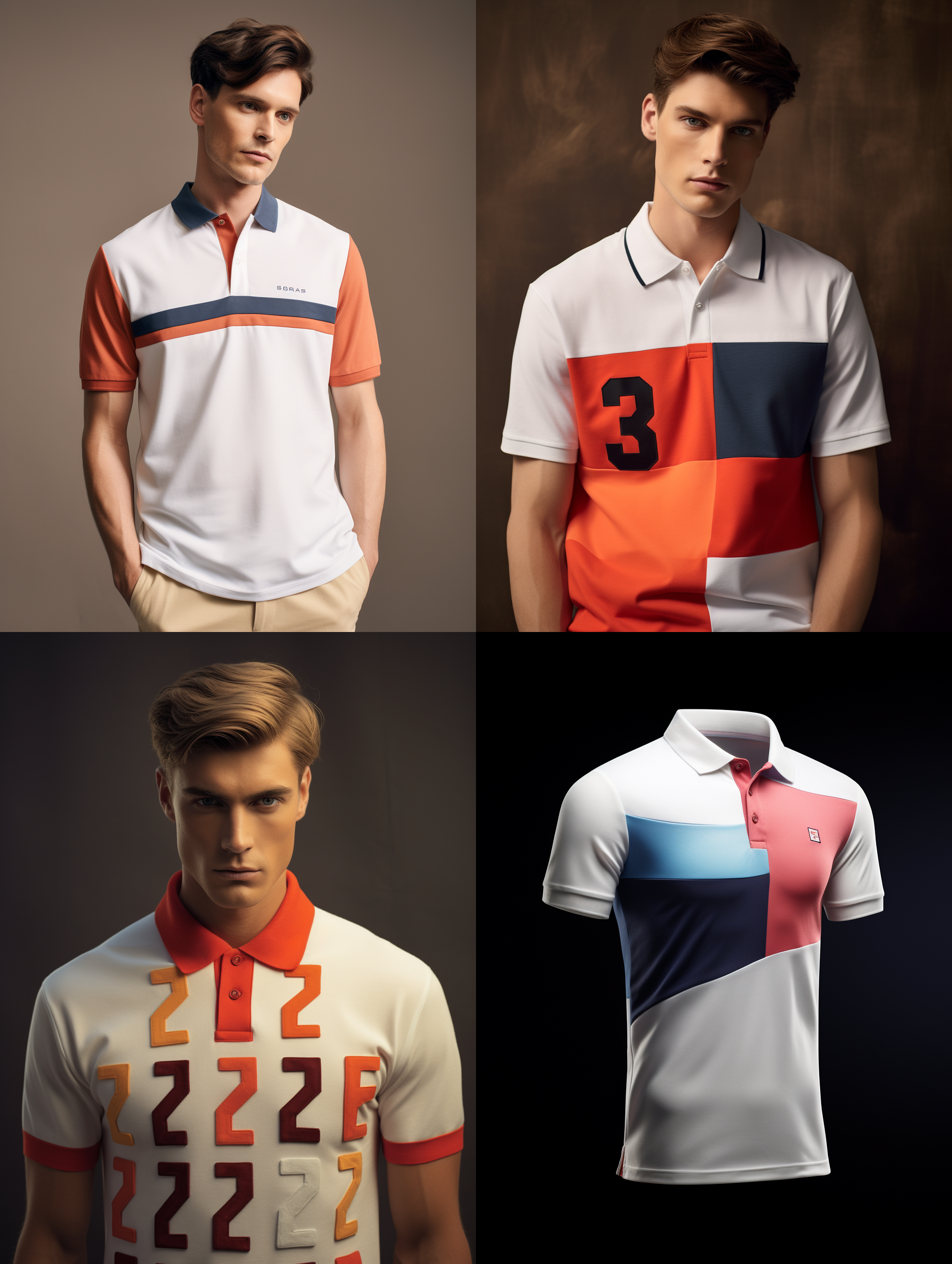 服装设计，三个颜色组成的polo衫，一行小的英文字母，国外男模物，简洁明了