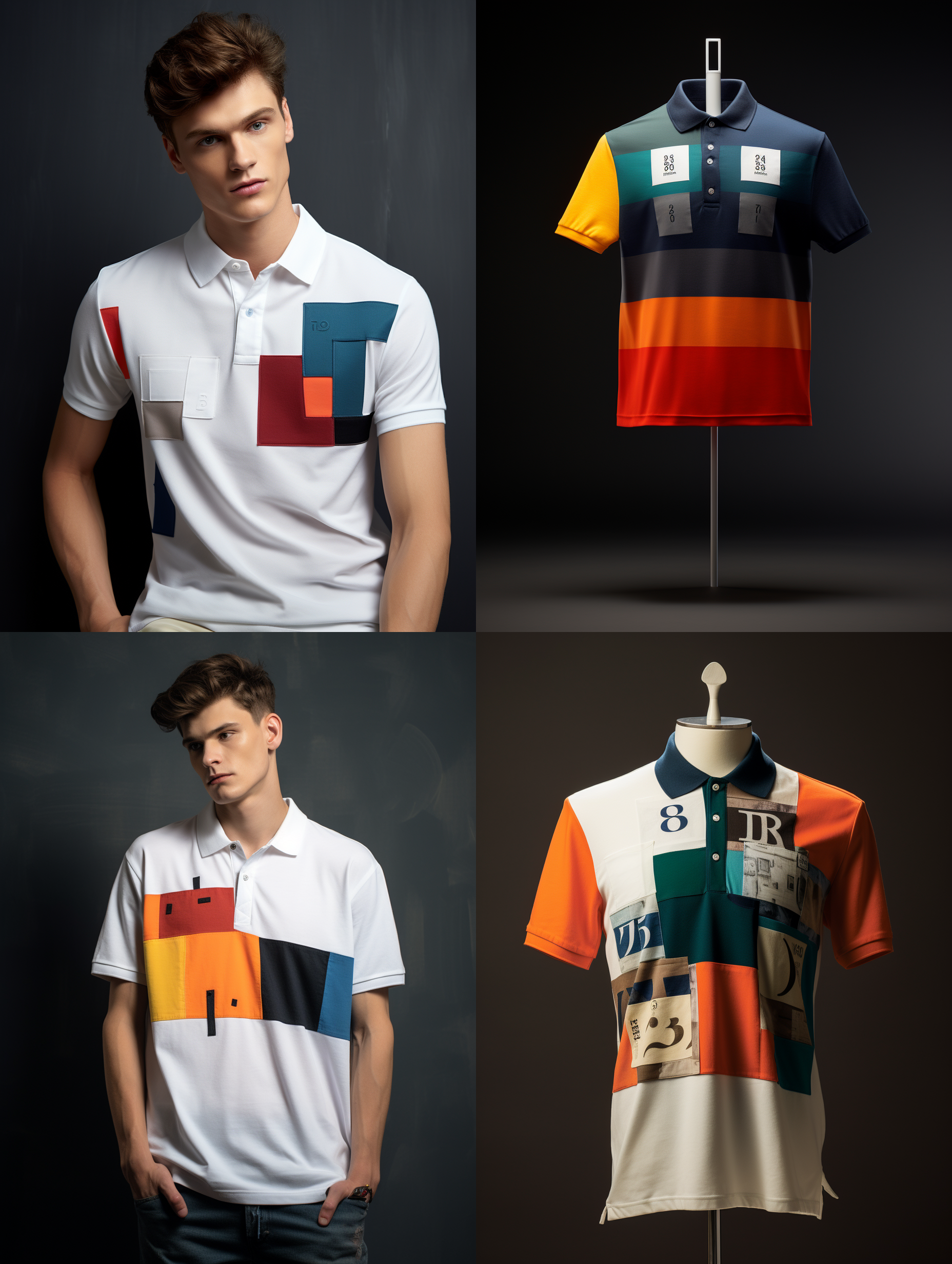 服装设计，四个颜色组成的polo衫，一行小的英文字母，国外男模物，简洁明了，