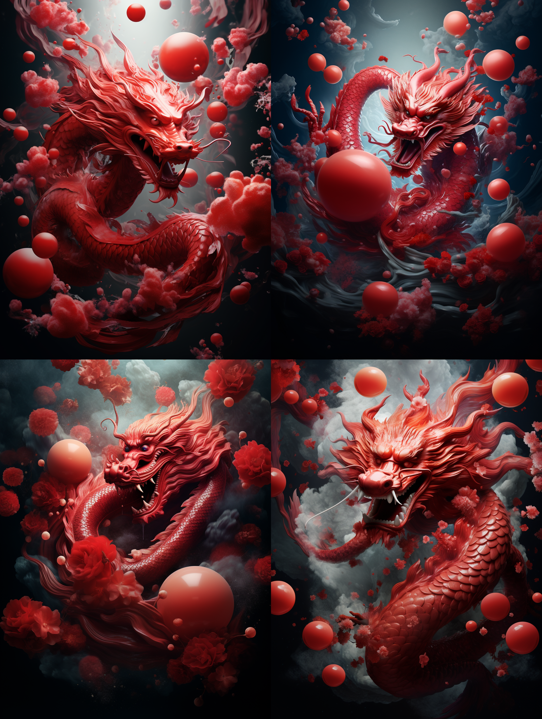 a red dragon is surrounded by red balls and flowers in the air, with a black background. there is a white moon in the sky, which is popular in art stations. a spray gun painting, alberto seveso, fantasy art.