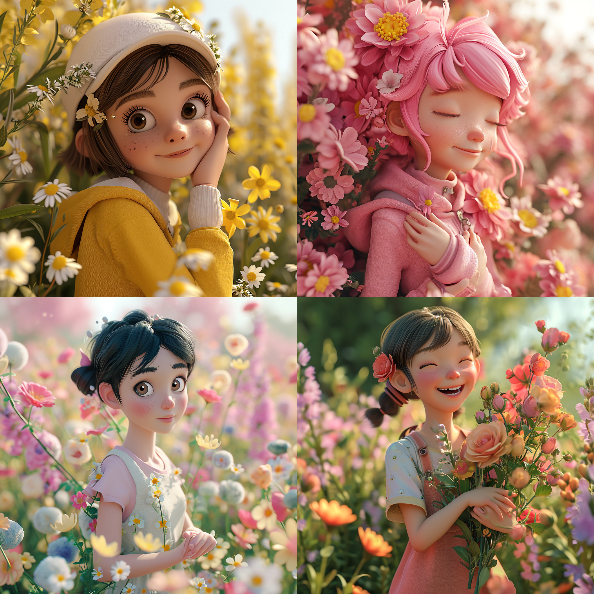 3d emoji,expression sheet,super cute girl,ip by popmart, disney style,pixar style,scenesin spring,pastel color, surroundedby flowersfine luster, gentered composition,3d render, soft focusoc, blender