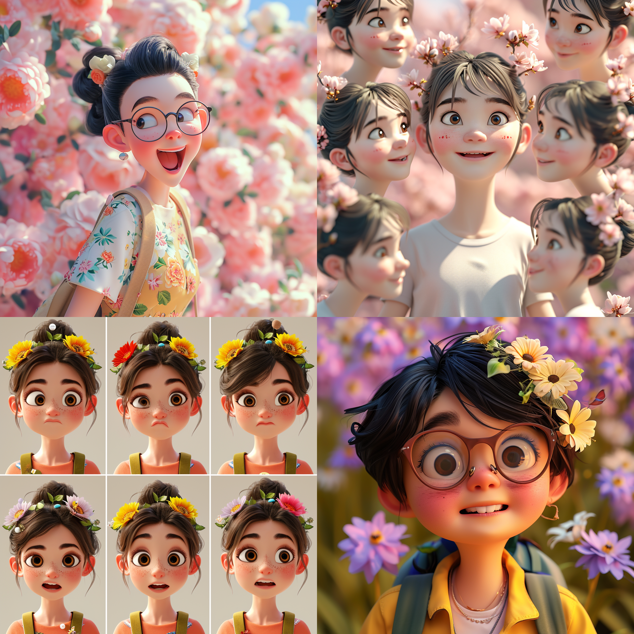 3d emoji,expression sheet,super cute girl,ip by popmart, disney style,pixar style,scenesin spring,pastel color, surroundedby flowersfine luster, gentered composition,3d render, soft focusoc, blender