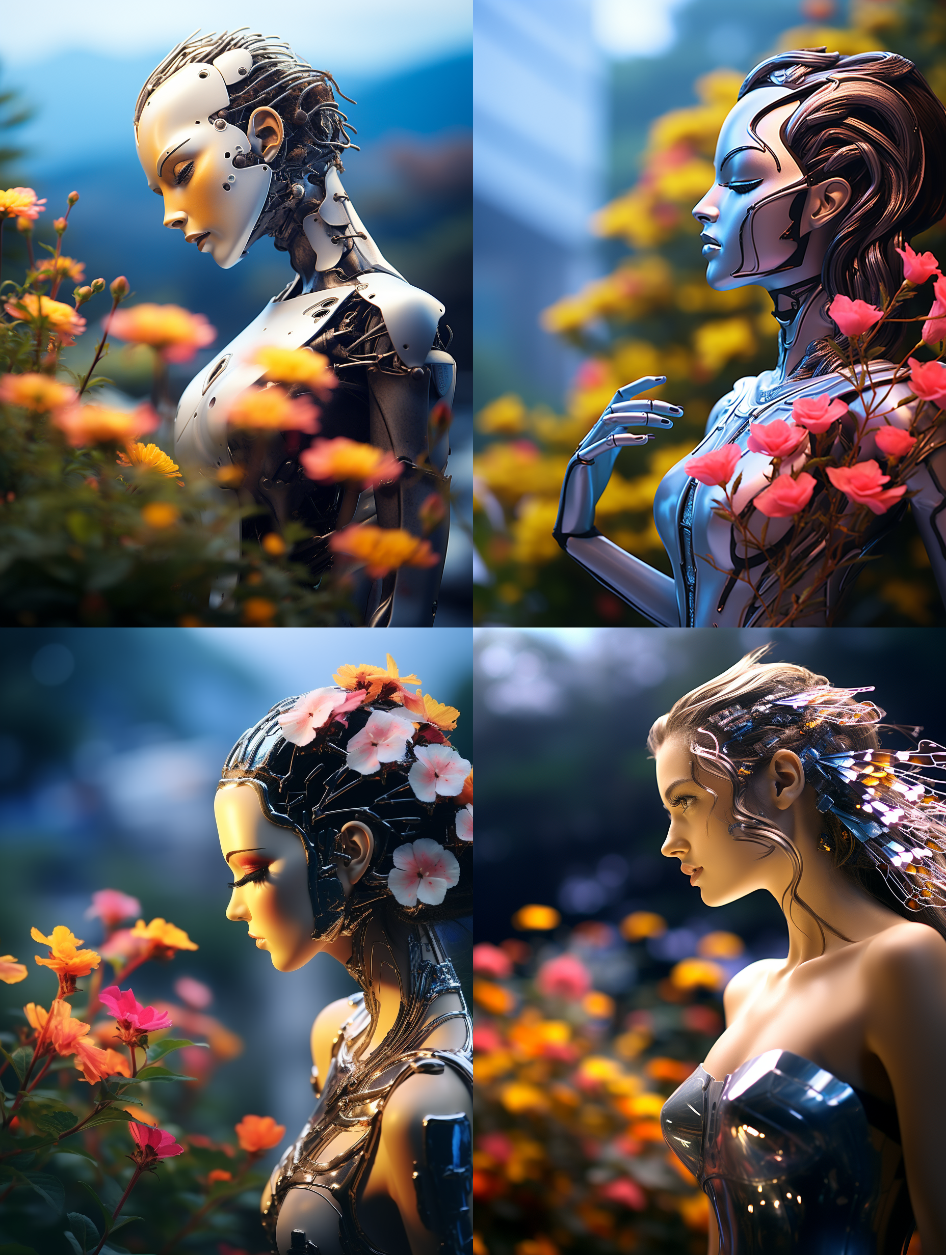 一个机器人美女在一片花海里双手张开，头仰望天空，从手里释放很多彩色蝴蝶，远处是湛蓝的湖水，巍峨挺立的群山和森林，倒影，顶级的画面质感，科技美学，暖色调为主，充分体现科技感，顶级的摄影效果，唯美，