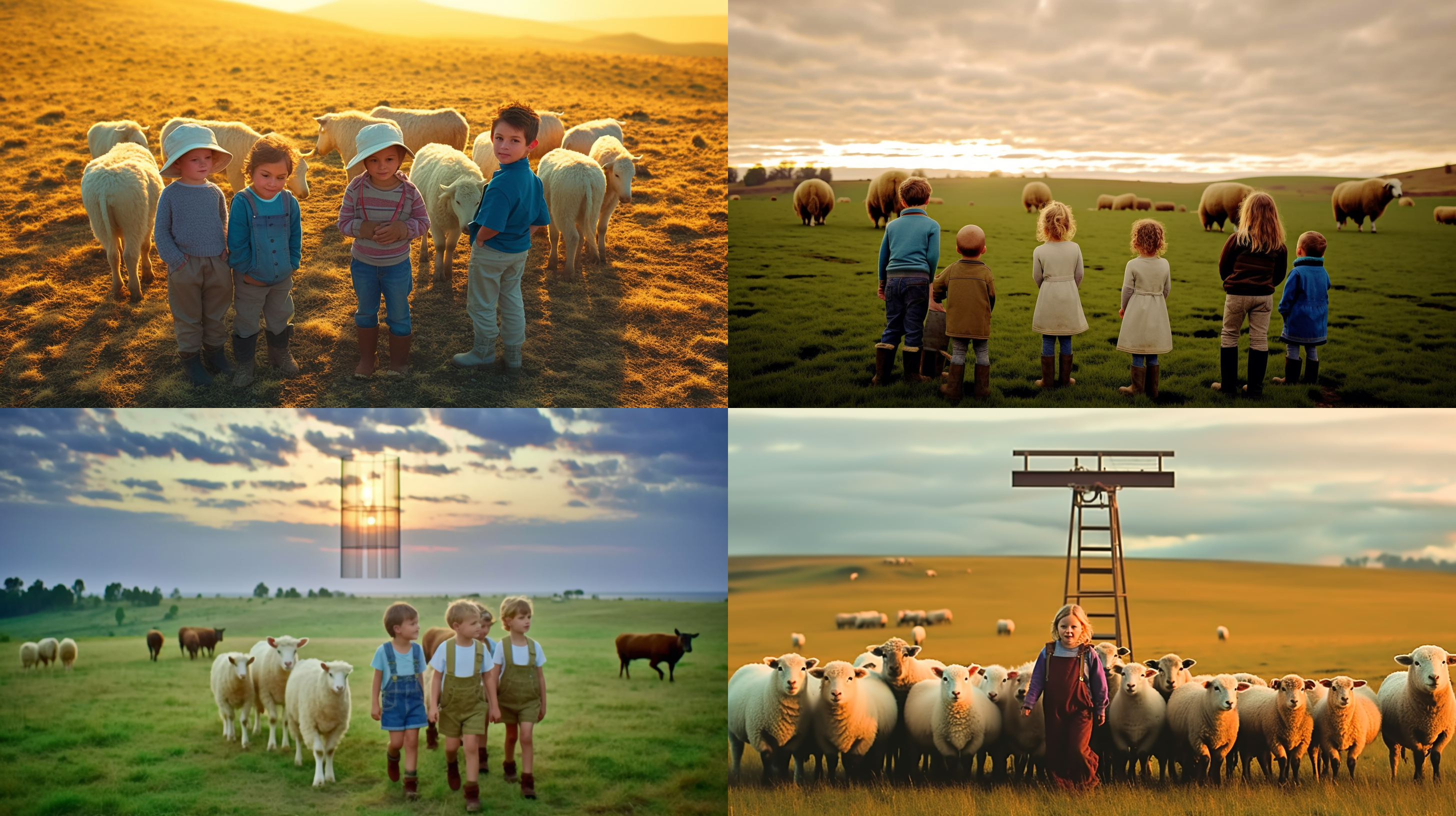 牧场上的女孩和男孩背靠背，羊群环绕在周围。照片采用广角镜头，色彩鲜明，展现出广阔的牧场环境。阳光透过云层洒落在场景中，创造出柔和的侧光效果。女孩和男孩的表情充满着快乐和童真。牧场上竖立的时时高三个大字成为整个照片的焦点，突出了农田的主题。
