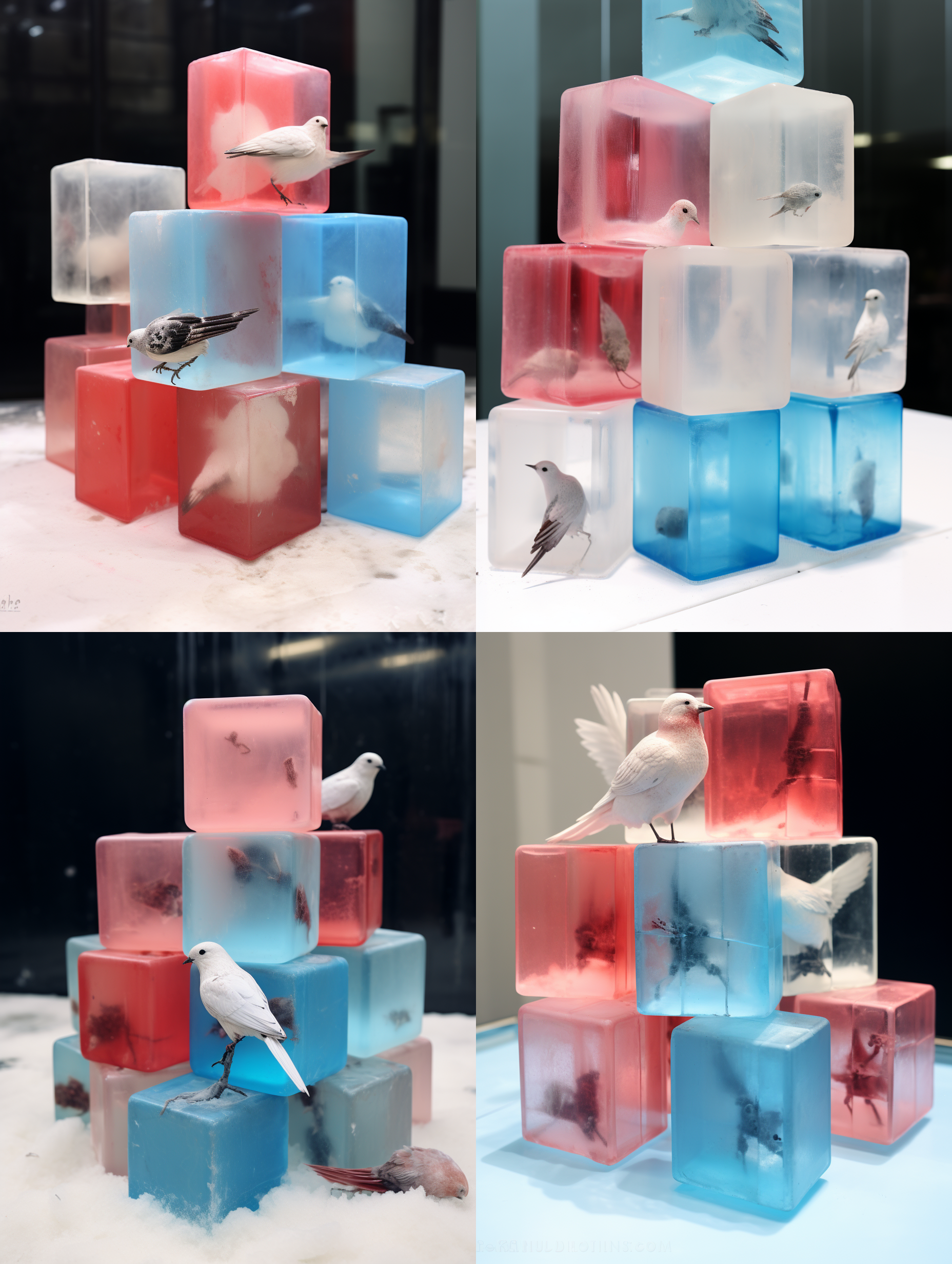 这个装置在一个巨大白色的场馆中悬挂，旁边有人在和这个装置互动，装置上的鸽子站在蓝色的方块上，不要站在红色上，方块只有红蓝两个颜色，鸽子在所有方块的中间，10个方块随机堆叠