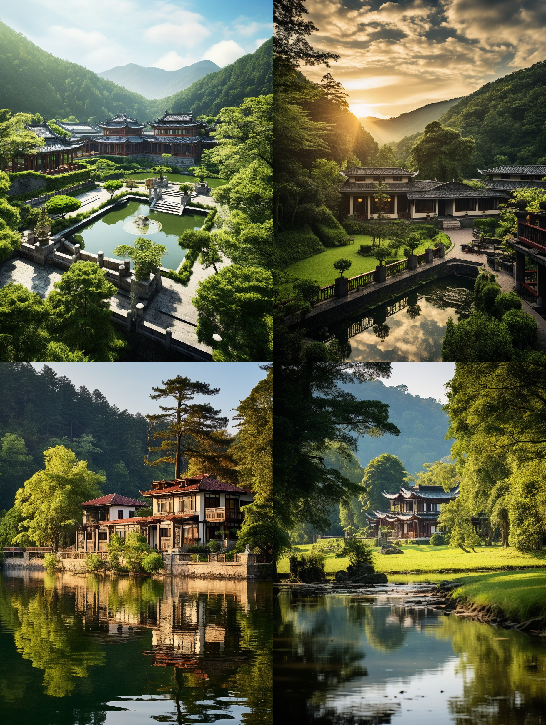 卧龙庄主，青山绿水环绕，古色古香的庄园。宽广的天空映衬着庄主居所的优雅建筑，巧妙地运用透视法形成深邃感。明亮的朝阳洒在庄主身上，突出了他高贵威严的形象。镜头拉远，将庄园的美景尽收眼底。古风摄影，传统色调，庄主肃穆的神情与庄园的恢弘气势相辅相成。