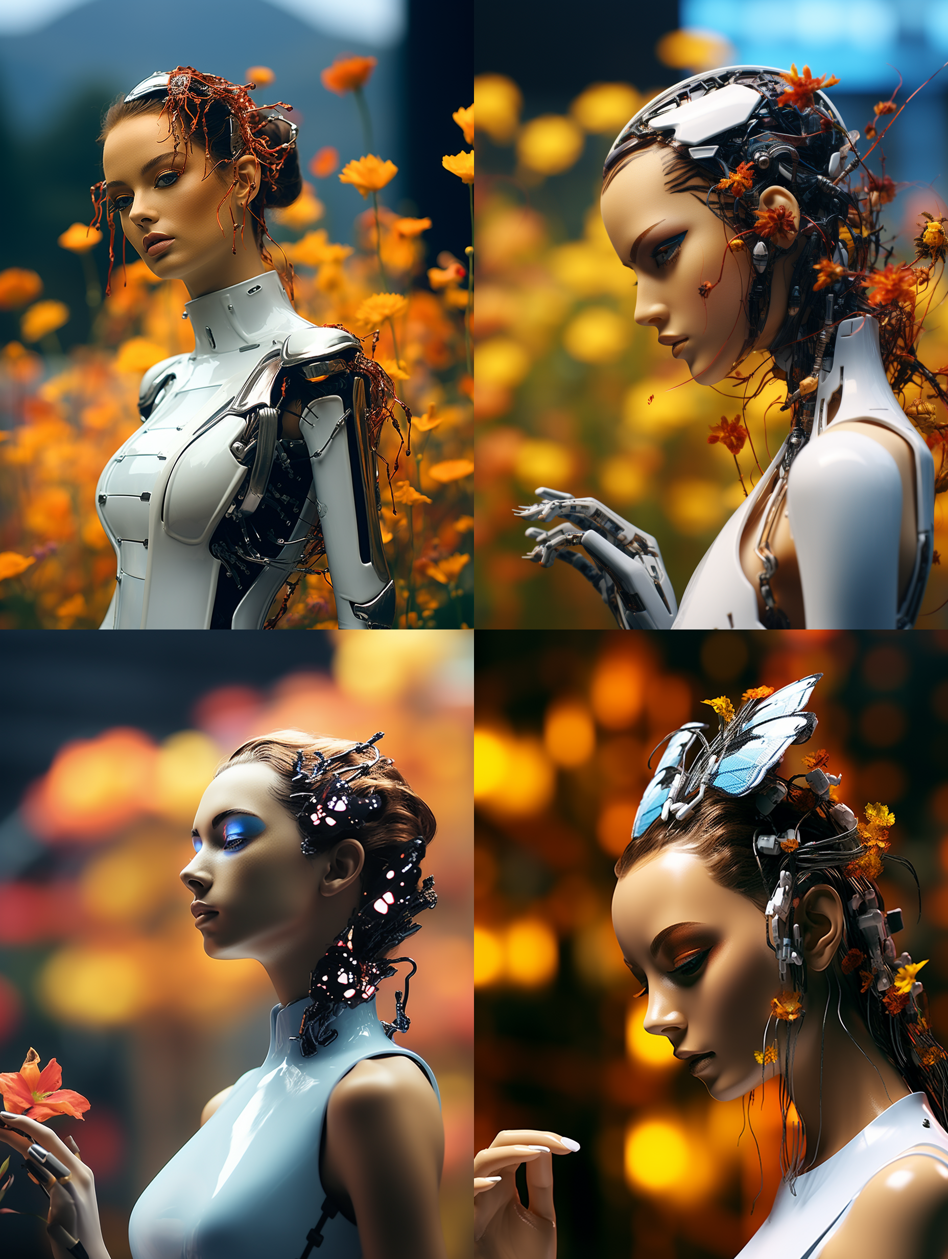 一个机器人美女在一片花海里双手张开，头仰望天空，从手里释放很多彩色蝴蝶，远处是湛蓝的湖水，巍峨挺立的群山和森林，倒影，顶级的画面质感，科技美学，暖色调为主，充分体现科技感，顶级的摄影效果，唯美，