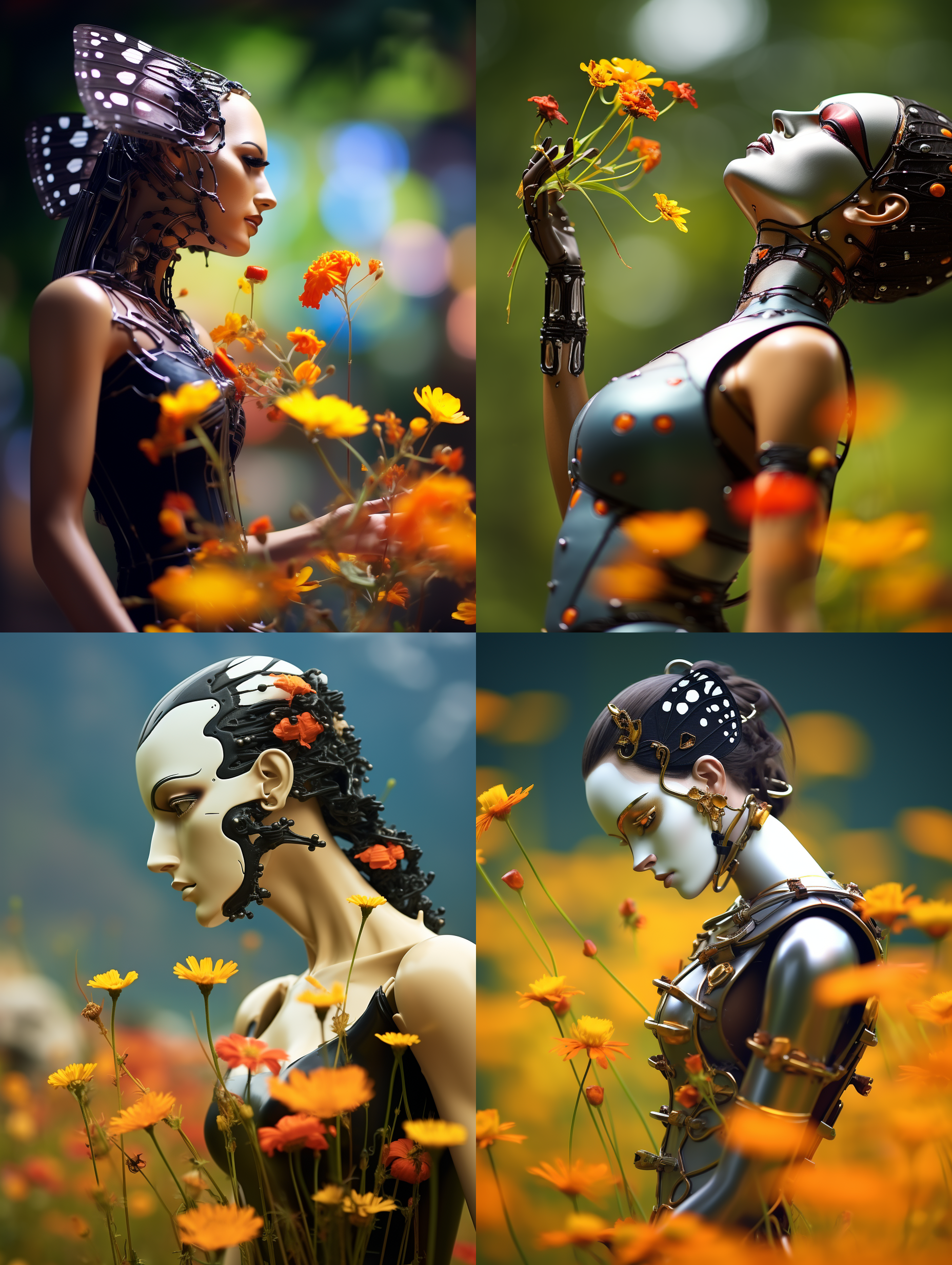 一个机器人美女在一片花海里双手张开，头仰望天空，从手里释放很多彩色蝴蝶，远处是湛蓝的湖水，巍峨挺立的群山和森林，倒影，顶级的画面质感，科技美学，暖色调为主，充分体现科技感，顶级的摄影效果，唯美，