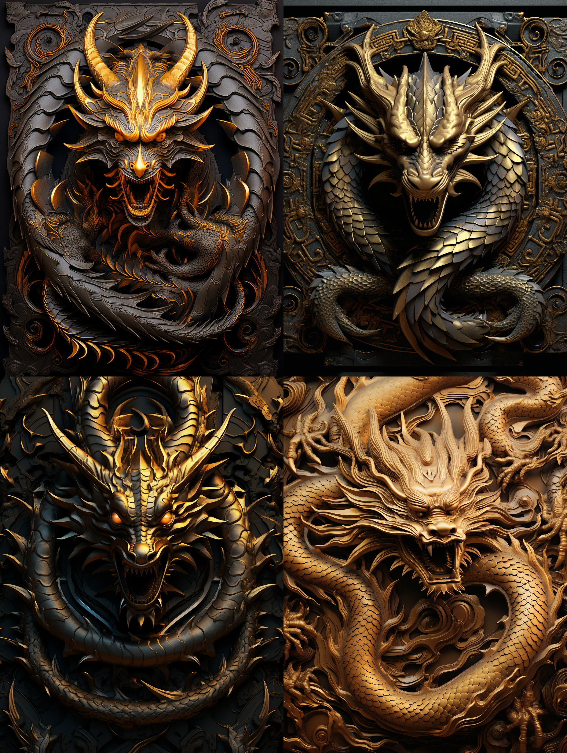 设计一个有金龙图案，很有动感，金属浮雕立体感很强，浮雕材质为细细的生锈的金属，以金色和黄色为主色调，深黑色的钢铁洪流，星球大战，眩幻背景，16k.