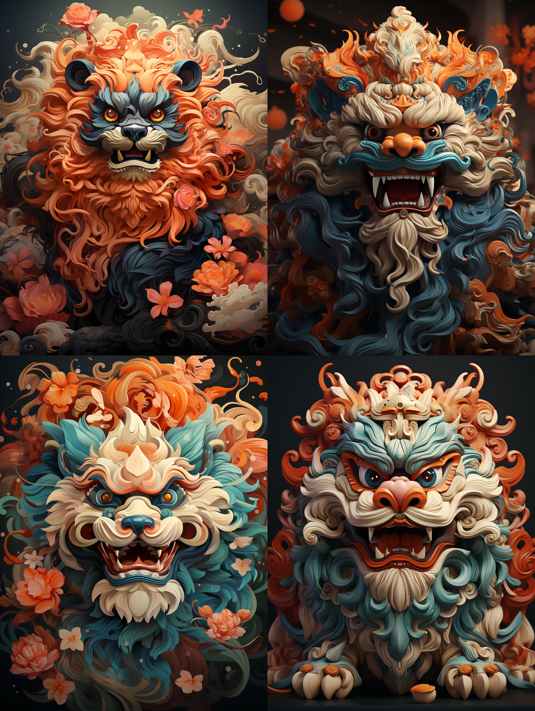 中国风舞狮，多色，背景纯色，动态优美，活泼可爱，真实风格 