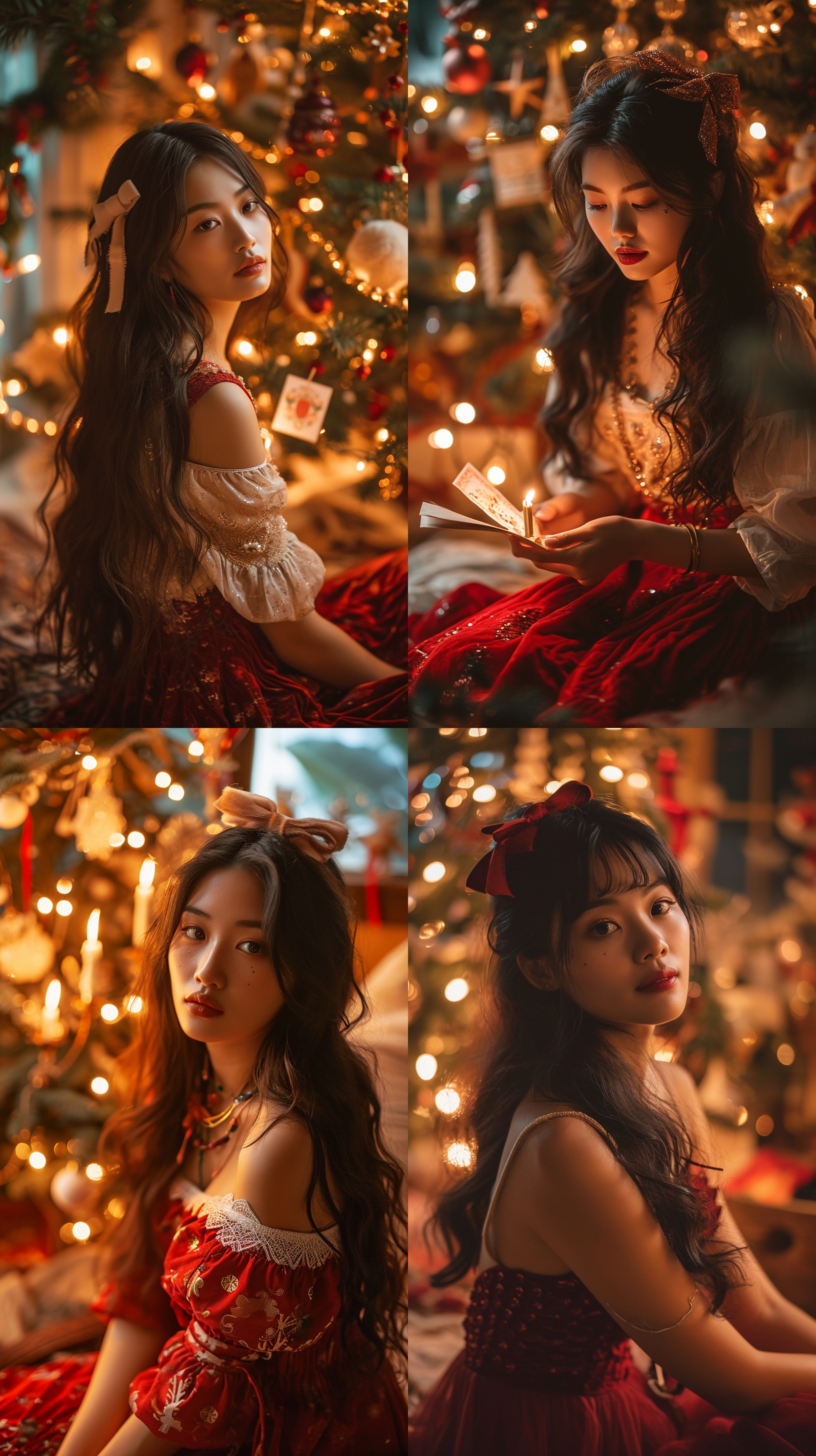 a beautiful asian women with long hair and a bow in her hair sitting in front of a christmas tree with a christmas card, wearing red skirt,cute,soft candle light,knees up ,velvet,relaxed,dslr,bedroom,long shot(ls),best quality