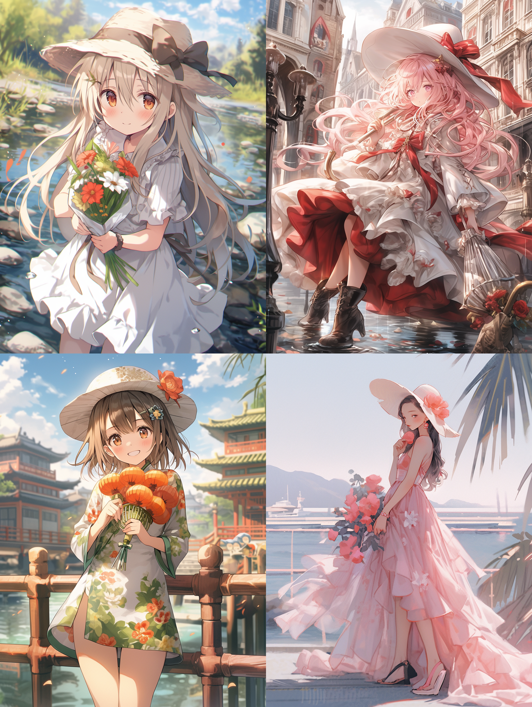 8k画质，中国绝世美女,全身照，粉色碎白花大翻领薄纱连衣裙，粉色编织遮阳帽，手持江南风的遮阳伞，站在木板栈桥上，海波浪，五官端正，长腿少女，阳光，身材苗条，沙滩，丝袜，高跟鞋，海波浪，远处的城市楼群，3d皮克斯动漫风格，色彩饱和，颜色丰富，