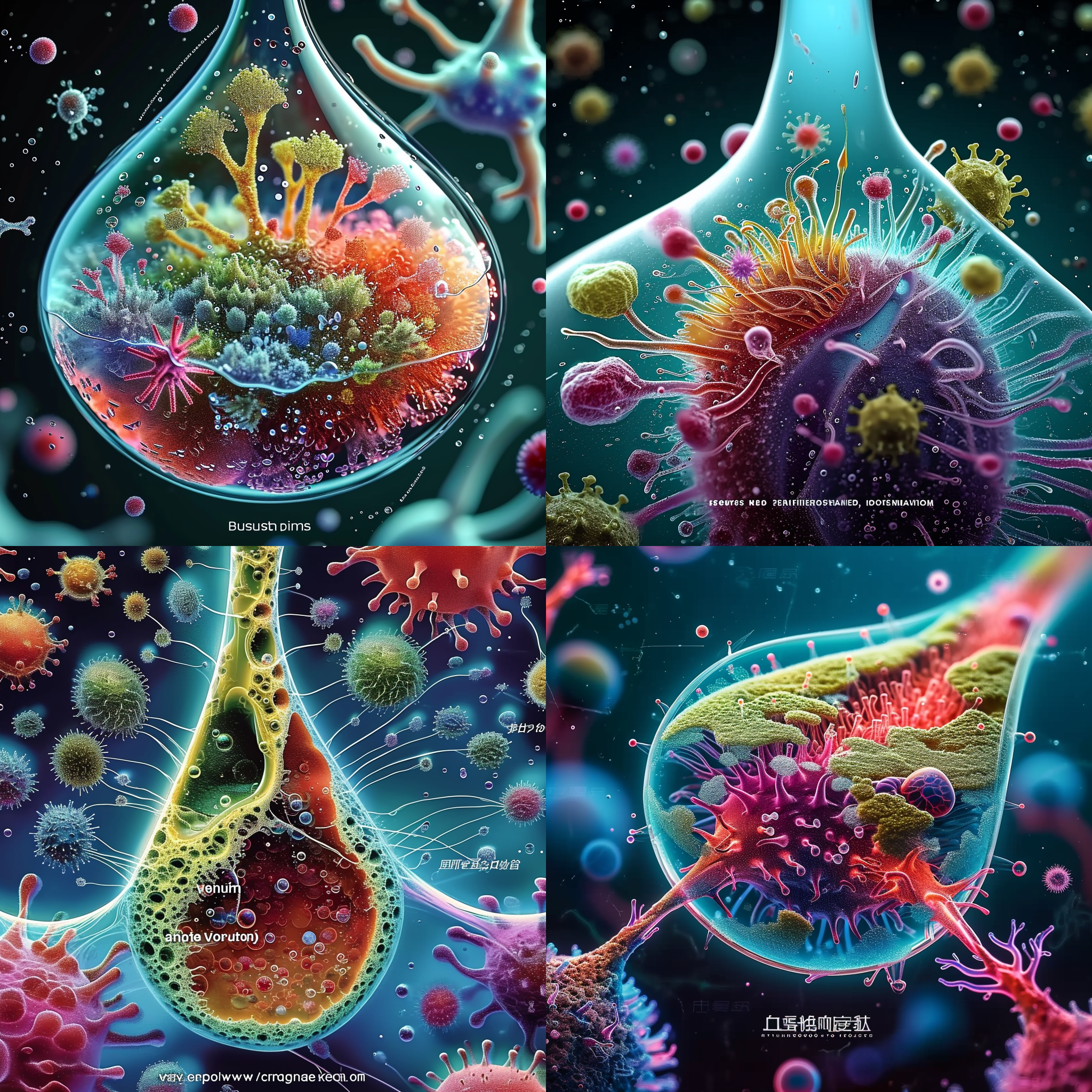 create a detailed, microscopic view of a droplet, transformed into its own universe. show the intricate structures of protozoa, illuminated in shades of ethereal blues and greens, contrasted with the vibrant colors of algae glowing neon green under the microscopic gaze. exhibit the energetic, intricate movements of bacteria, appearing as fleeting flashes of purples and reds, and unveil the mystifying, geometric structures of viruses represented by varying