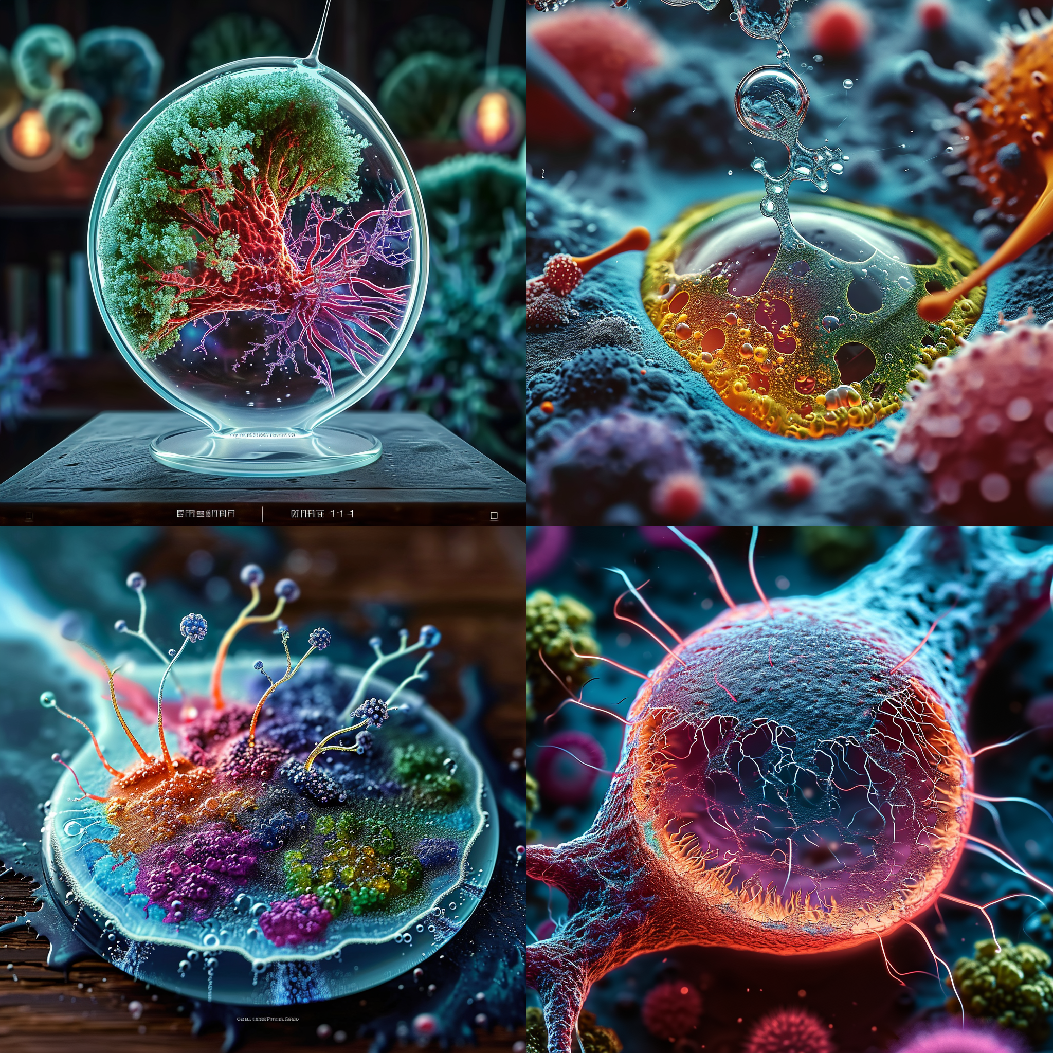 create a detailed, microscopic view of a droplet, transformed into its own universe. show the intricate structures of protozoa, illuminated in shades of ethereal blues and greens, contrasted with the vibrant colors of algae glowing neon green under the microscopic gaze. exhibit the energetic, intricate movements of bacteria, appearing as fleeting flashes of purples and reds, and unveil the mystifying, geometric structures of viruses represented by varying