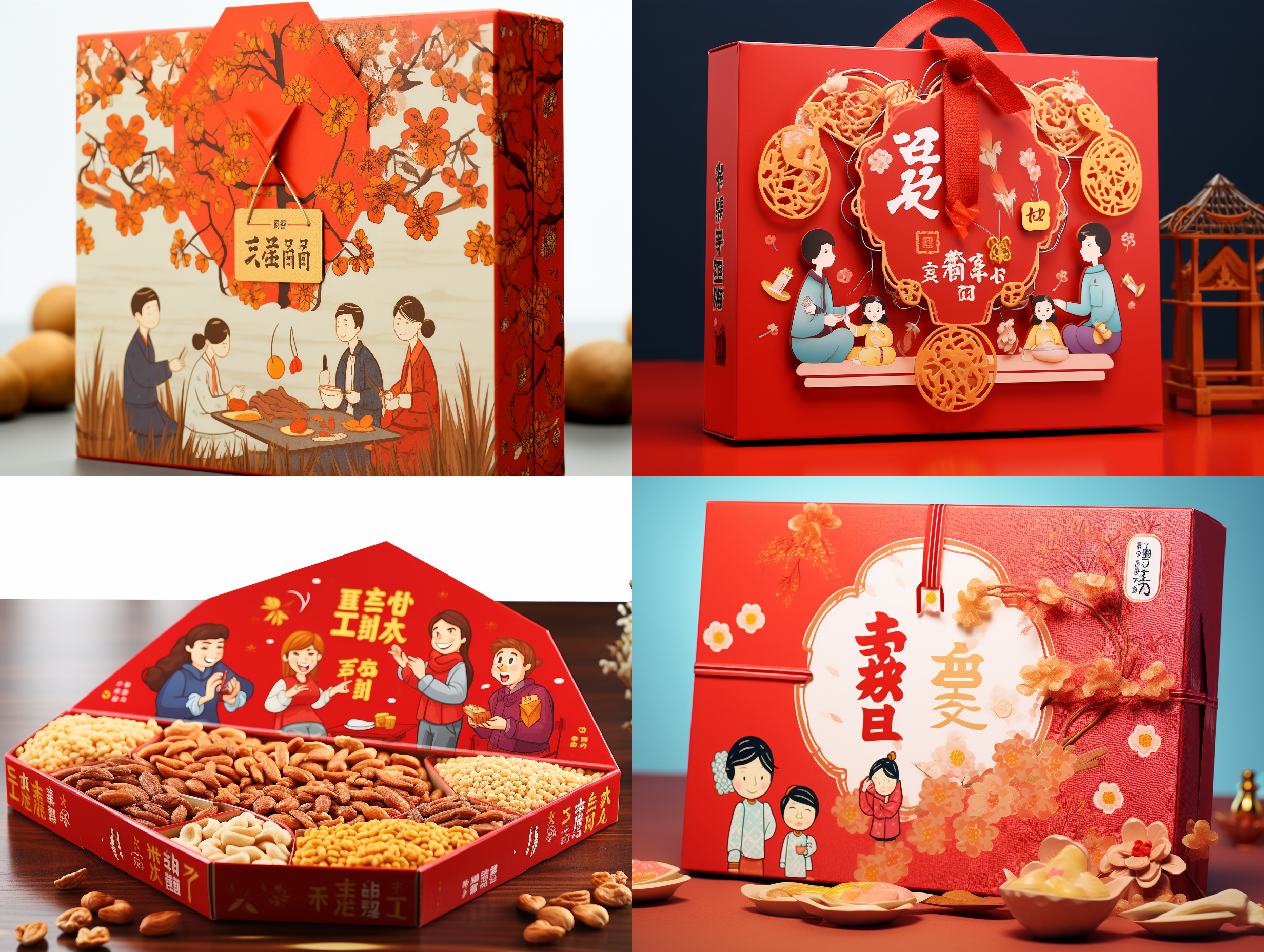 画一个坚果礼盒包装盒设计图，如参考图，有过年的喜庆，一家人团圆，有坚果特色