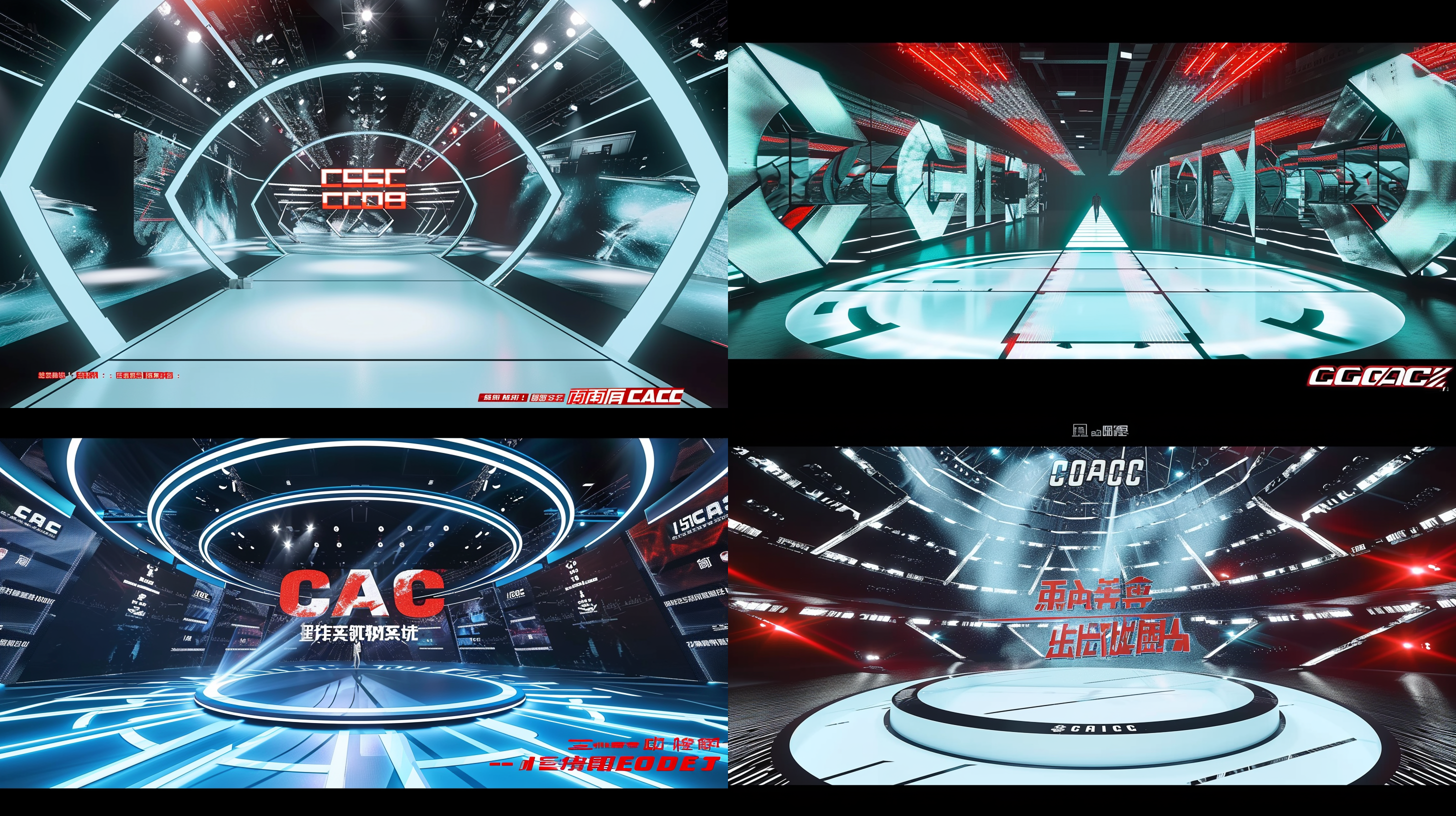 一个超大的圆形走秀舞台，一条白色秀道是圆形的。舞台出现的主题字幕是ccac。以蓝色为主色调，空间感超级强。光线从顶部投射下来，营造出科技感和未来感。舞台led屏幕围绕，布置简洁大气，舞台正中间屏幕图片为酸性概念图，写着ccac几个字幕，两边led背景墙呈现未来感酸性概念的图案，配合明亮的led灯光，营造出动感和时尚感。高饱和度的彩色灯光照亮了整个舞台，给人带来强烈的视觉冲击力和活力。