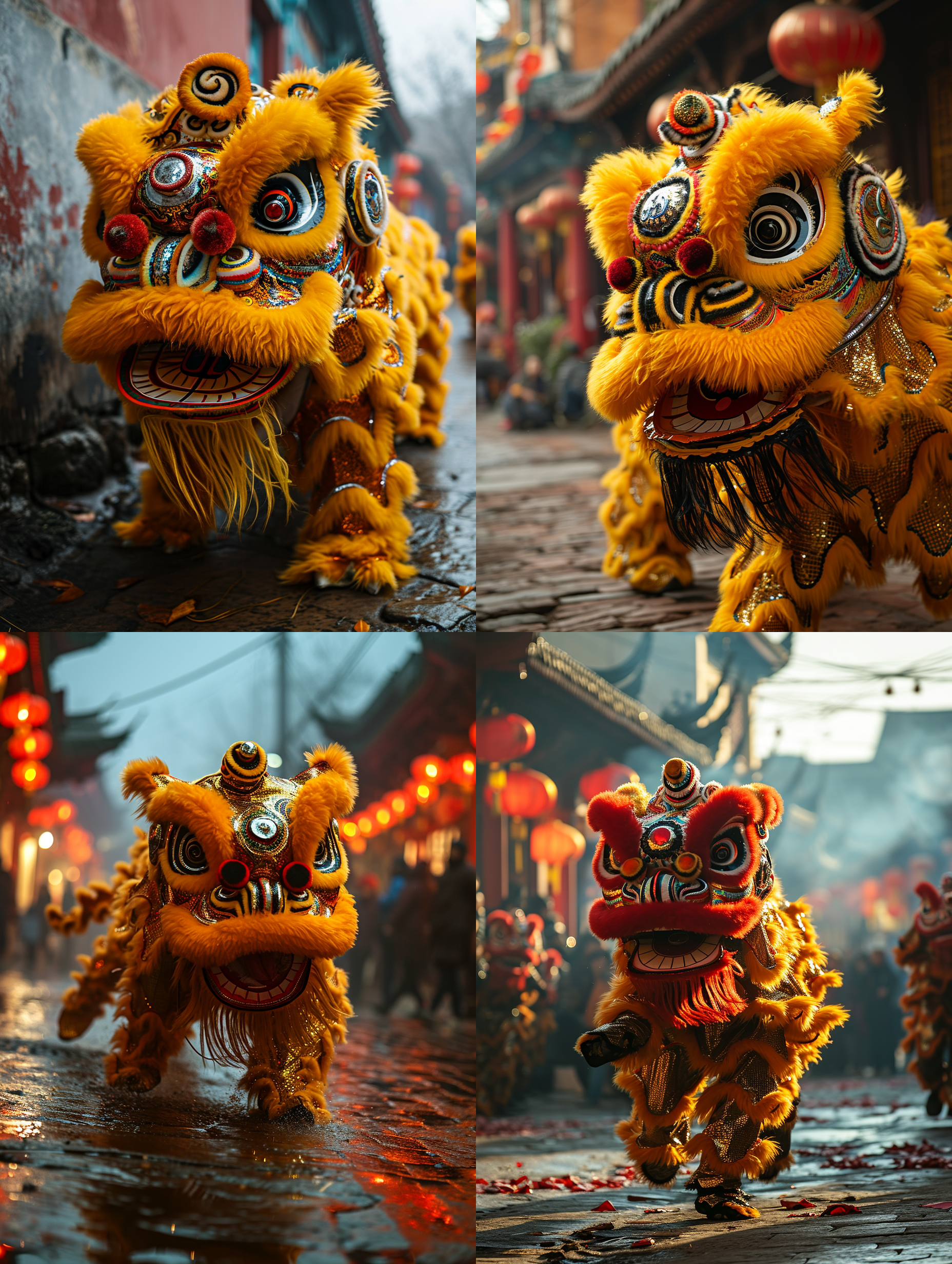 在街道上奔跑的中国舞狮