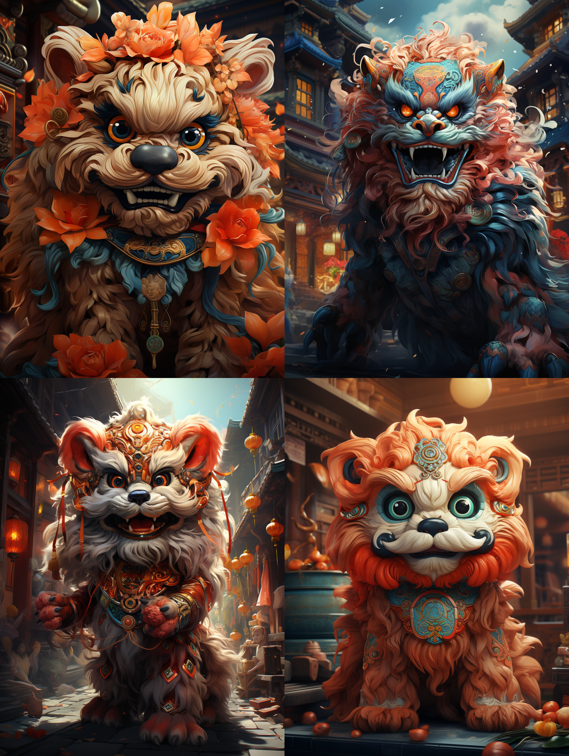 中国风舞狮在广场上，多色，背景纯色，动态优美，活泼可爱，真实风格 