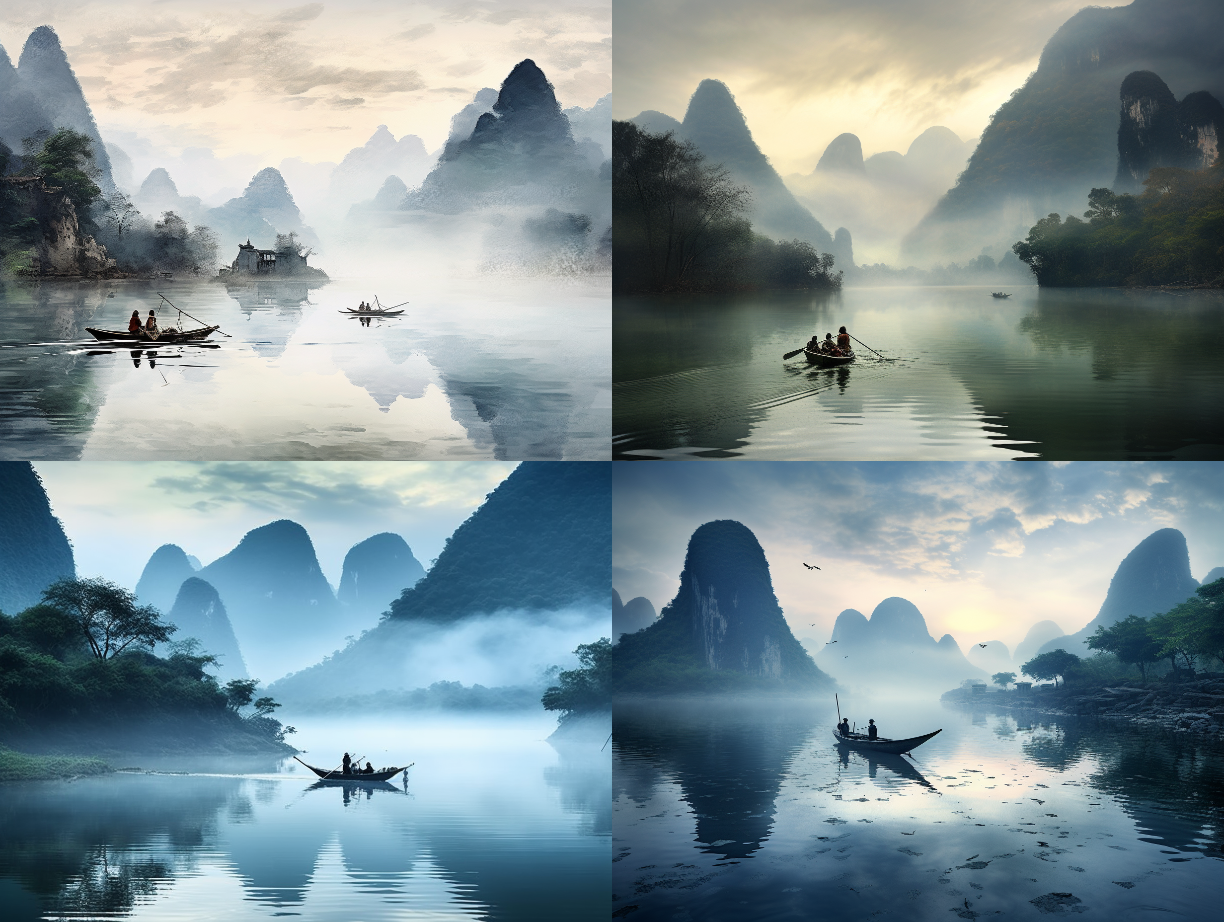 以桂林山水为主题生成一张摄影照片，山在雾中若隐若现，江上有条船。有中国水墨画一般的意境。 写实 极其精致和美丽 照片 超级高分辨率 大文件 风景