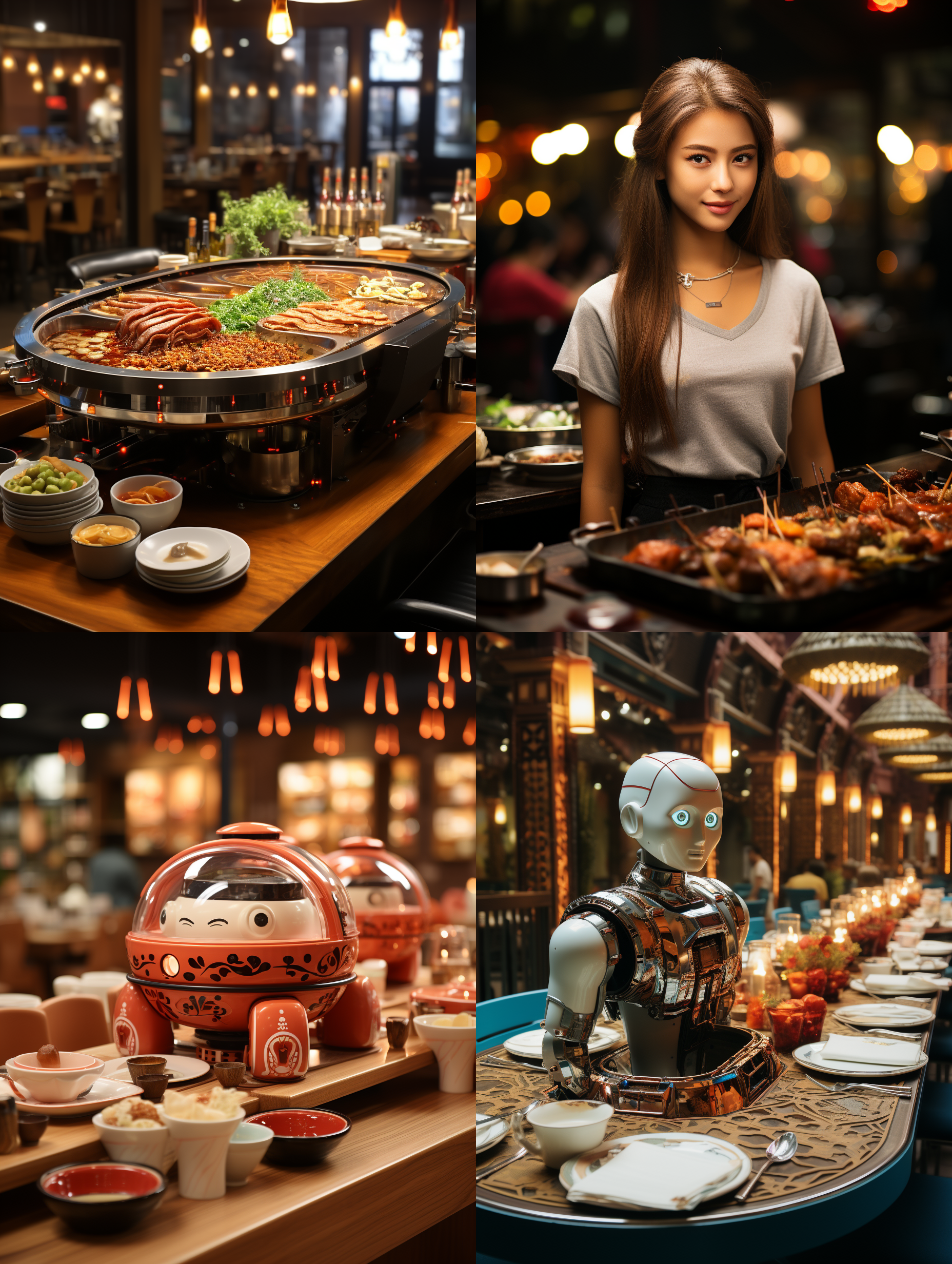 美女机器人坐在重庆火锅桌子前，火锅餐桌摆满一桌子的火锅菜品，现切的牛肉，羊肉，青菜，蘸料，桌中央翻滚的红油火锅汤锅，机器美女手拿筷子夹着一块从火锅里捞出的块肉，张开嘴很想尝尝，幽默 ，可爱，俏皮, 专业餐饮摄影，柔和明亮的灯光，顶级的人物摄影效果和画质，正面视角。颜色层次丰富，细节丰富，