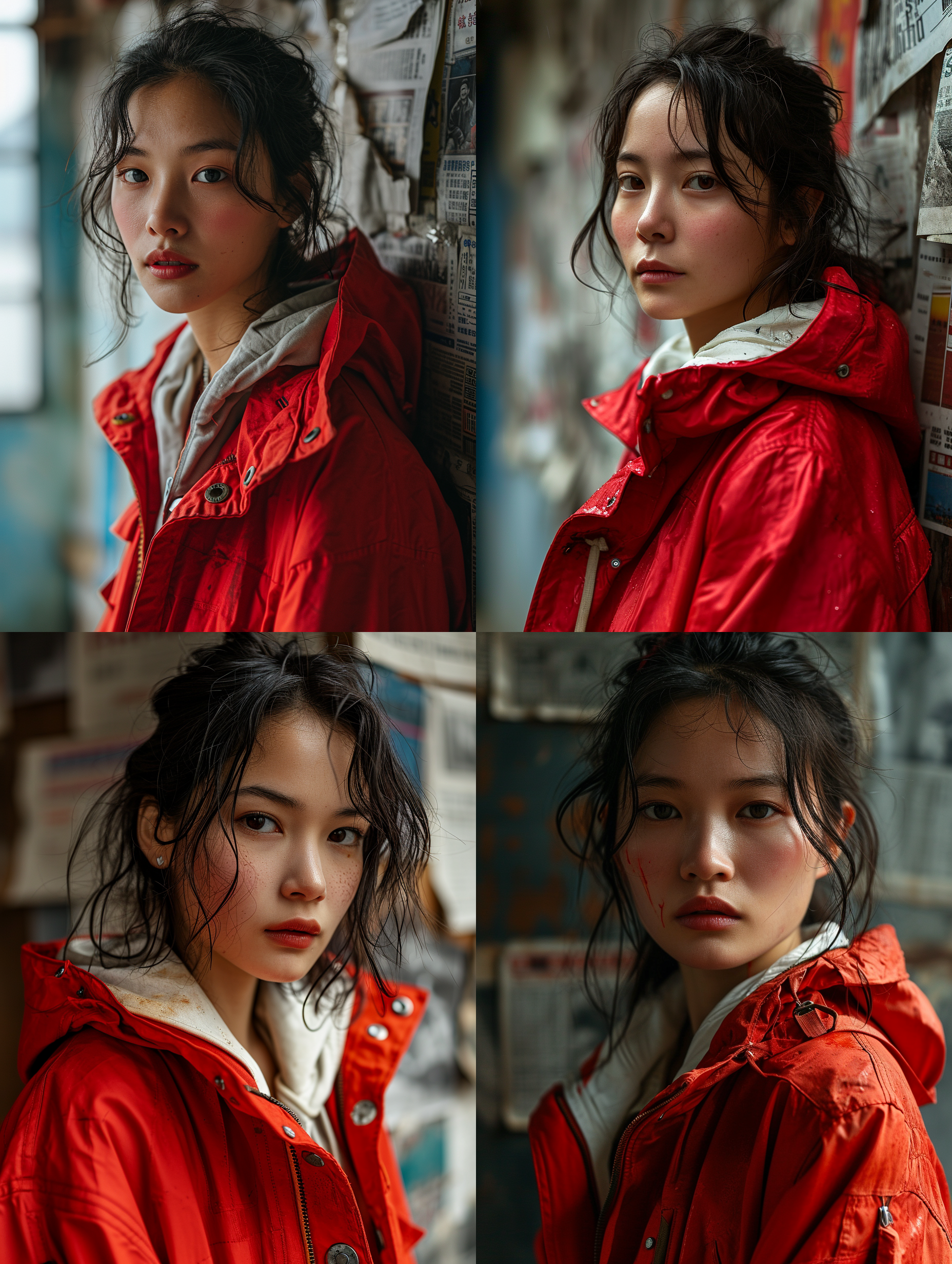 中国成年女性，美女，飒爽英姿，穿着红色风衣，白色的内衬，背景是贴满报纸的墙壁，高品质，8k