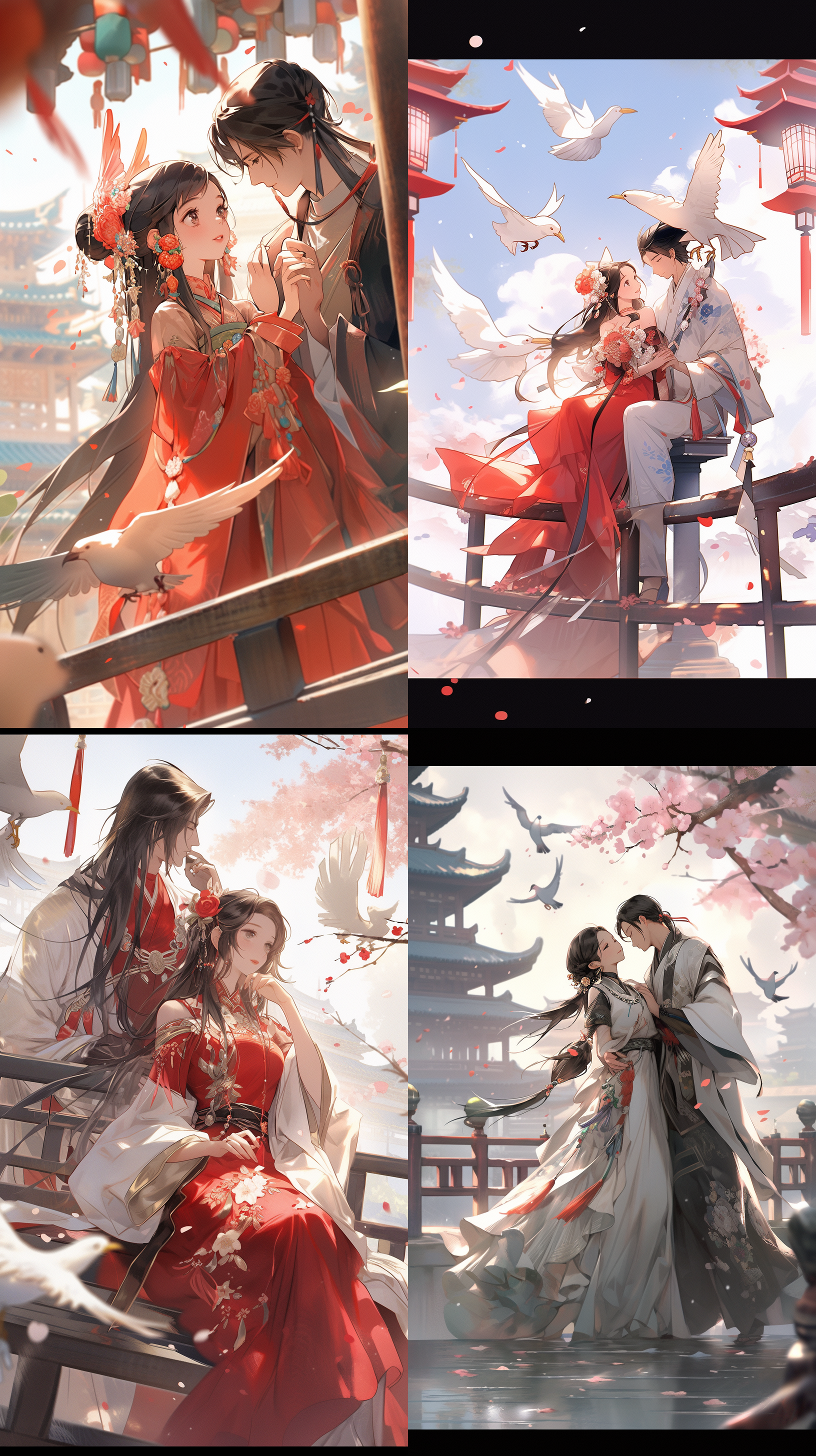 中国现代七夕节插画，喜鹊，鹊桥，恩爱的小情侣，质感，插画，全景，高清画质，