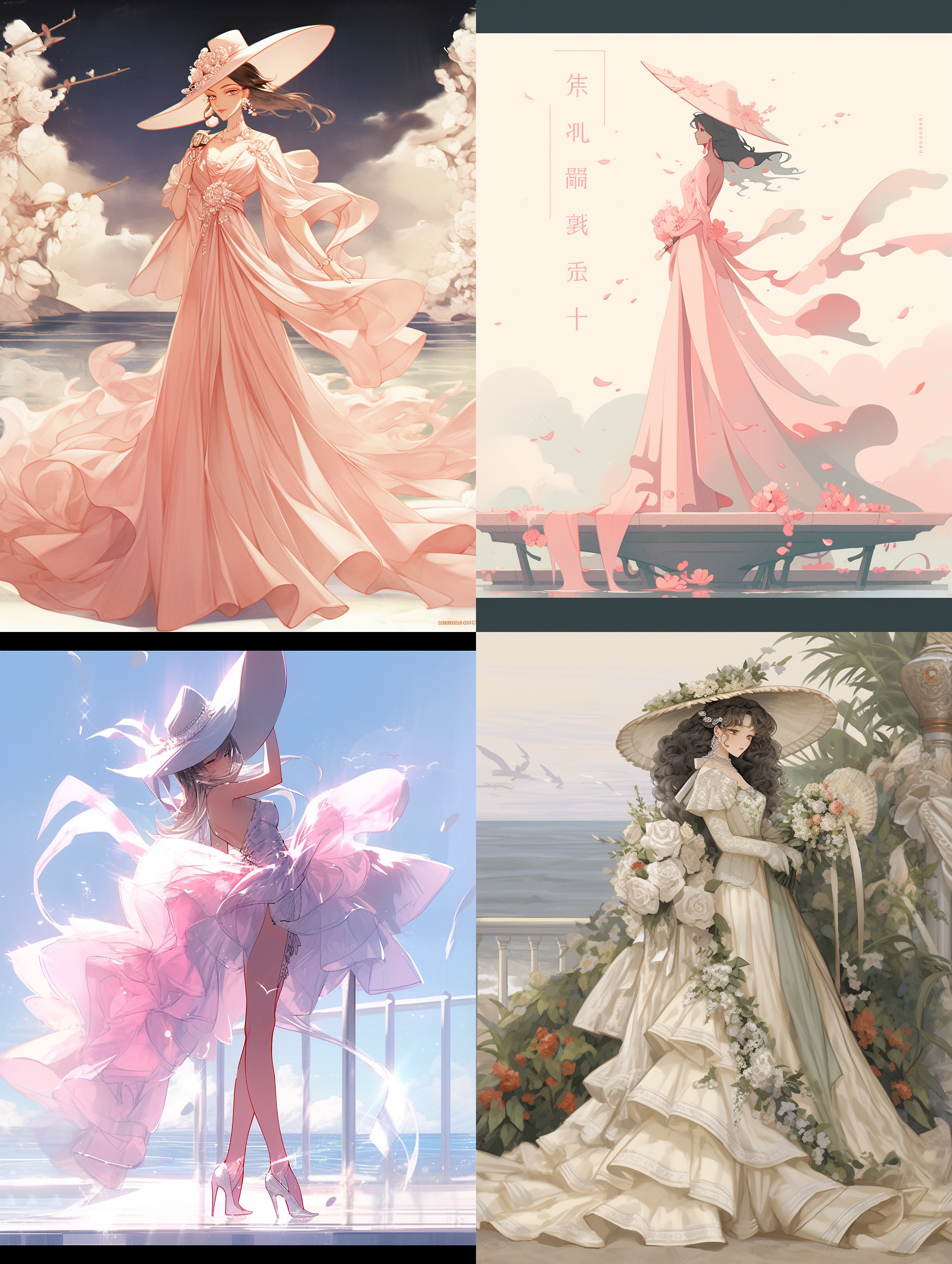 8k画质，中国绝世美女,全身照，粉色碎白花大翻领薄纱连衣裙，粉色编织遮阳帽，手持江南风的遮阳伞，站在木板栈桥上，海波浪，五官端正，长腿少女，阳光，身材苗条，沙滩，丝袜，高跟鞋，海波浪，远处的城市楼群，二次元风格，