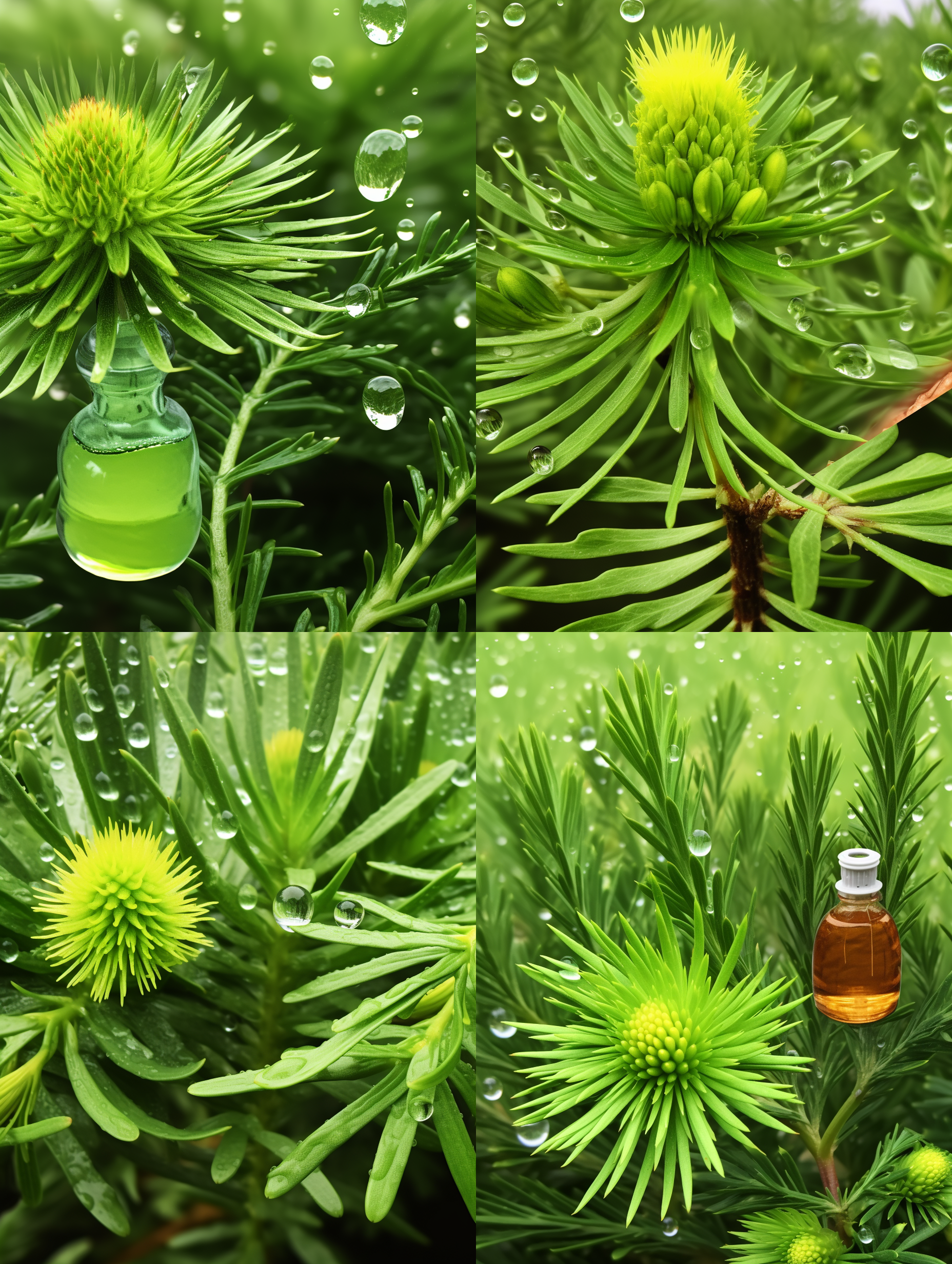 请根据植物学菊科松香属对串叶松香草的形态样貌的描述和定义以及参考图生成串叶松香草的在雨中，松草草的叶子被雨水淋湿，串叶松香草落满了大小不等的水珠，水滴流到sod液的瓶子里，瓶子里液体的涟漪水波，顶级的画面质感，科技美学，充分体现科技感，顶级的摄影效果，唯美，串叶松香草，水平构图，自然环境，长焦镜头，柔和光线，悠闲氛围，绿色调，微风拂动，细腻质感。