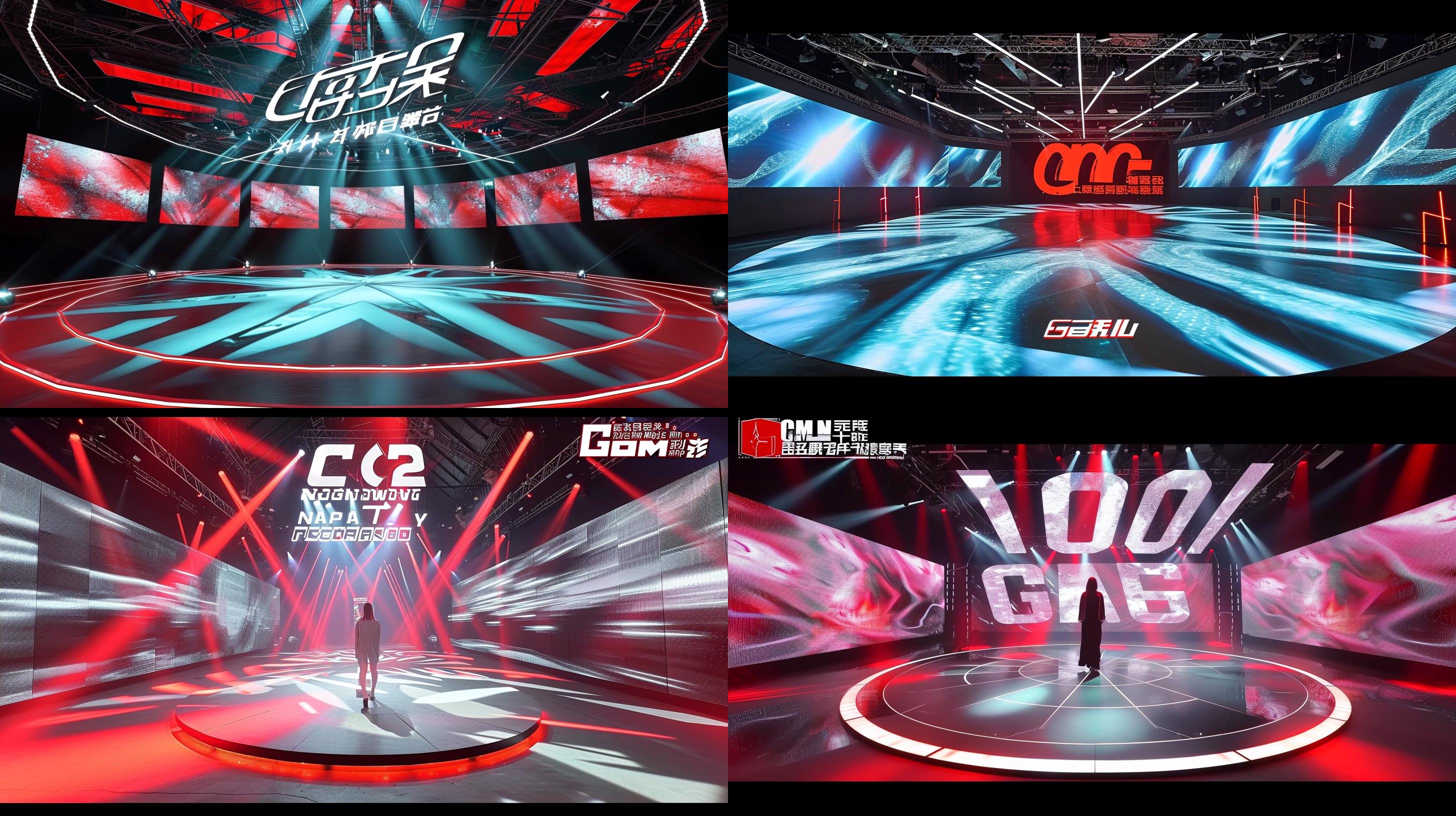 圆形走秀舞台，光线从顶部投射下来，营造出科技感和未来感。舞台led屏幕围绕，布置简洁大气，背景墙呈现流动的图案，配合明亮的led灯光，营造出动感和时尚感。高饱和度的彩色灯光照亮了整个舞台，给人带来强烈的视觉冲击力和活力。