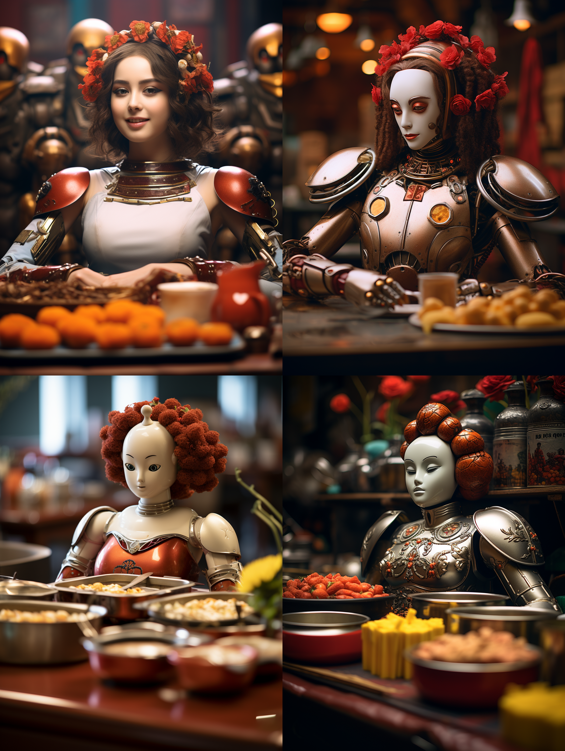 美女机器人坐在重庆火锅桌子前，摆满了一桌子的重庆火锅的菜品，翻滚的火锅汤锅，手托着腮在思考是不是敢尝尝，专业餐饮摄影，柔和明亮的灯光，顶级的人物摄影效果和画质，正面视角。颜色层次丰富，细节丰富，