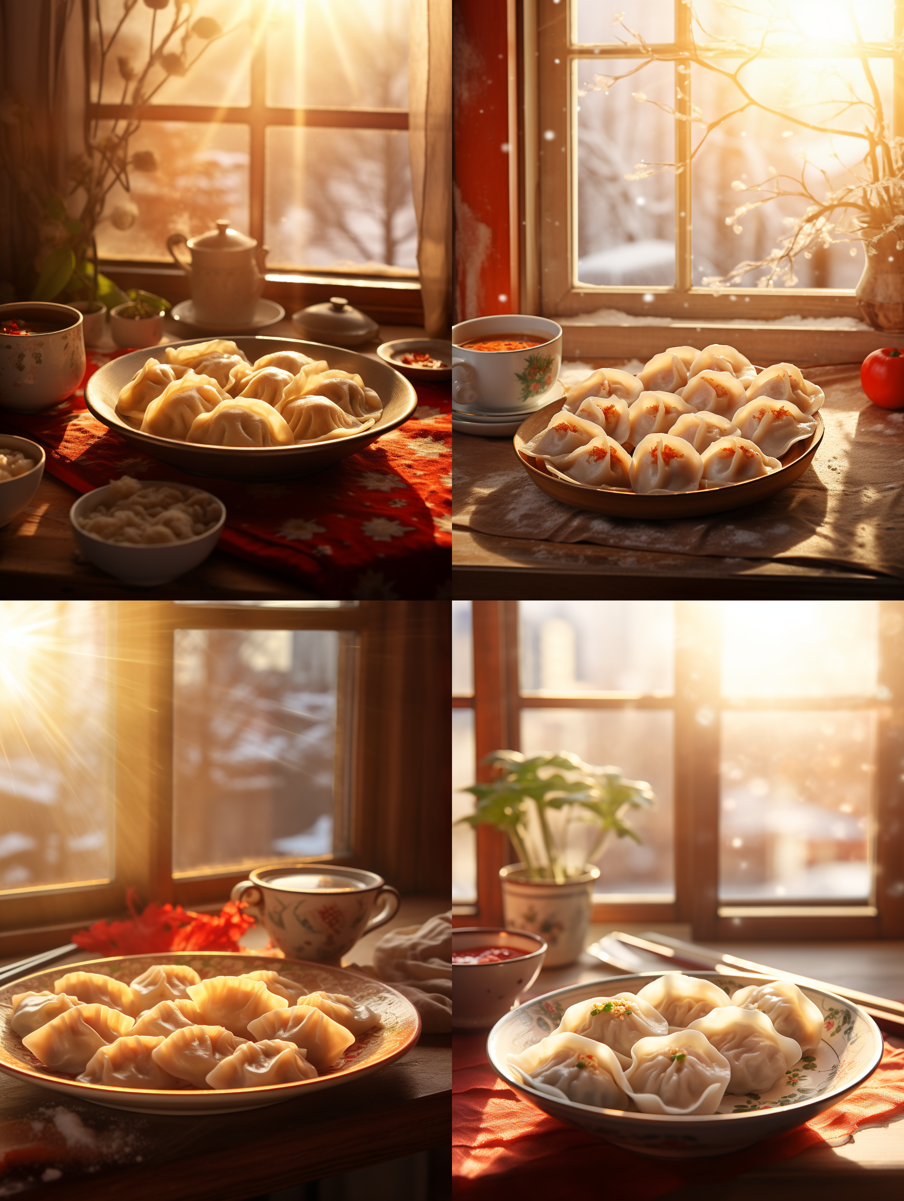 生成一张冬至节气的照片，照片里是一盘热气腾腾的饺子，背景虚化，有温暖的阳光从窗户照进室内，窗户上贴着红色窗花。