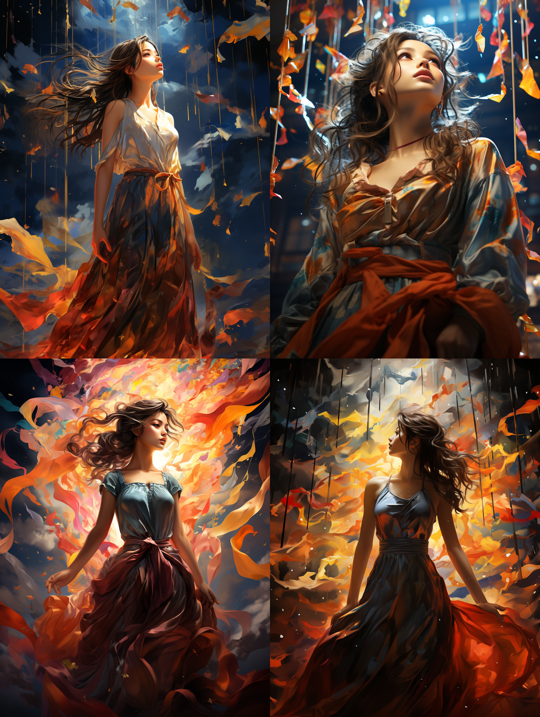 一位中国女士穿着长裙仰望天空，大雨澎湃，彩色的飘带飘满天空，真实风格