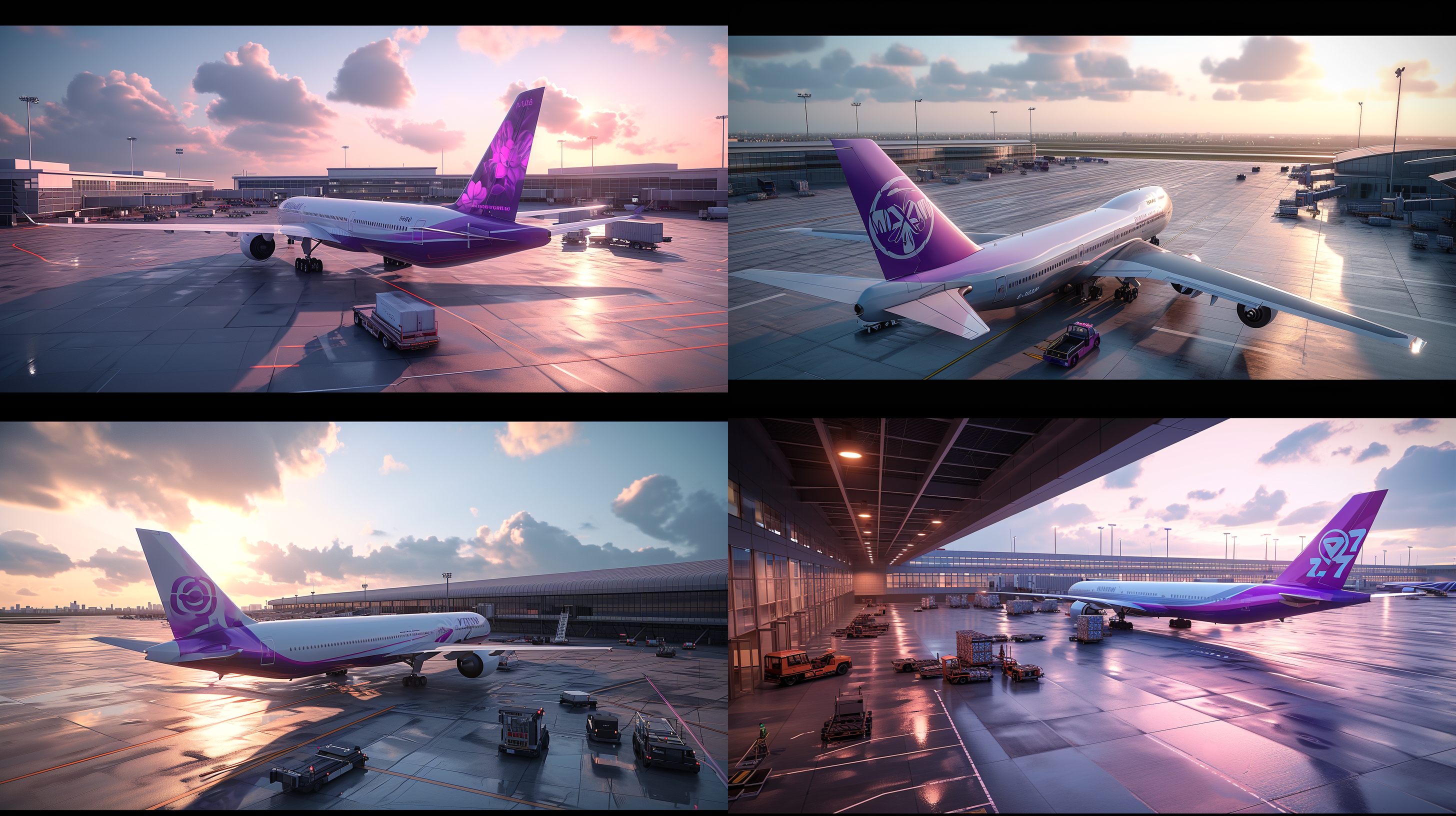 4k分辨率, 使用了blender和octane render进行渲染, 采用了c4d软件, 波音飞机, 飞机为紫色和白色的配色, 科技感, 用于工业设计.飞机场，飞机，跑道，物流系统，电脑仪表盘，大型的物流园区，有巨大的仓库和货物堆放，叉车来回穿梭，有停车场，周围是高大的灯柱和照明设备，空气中弥漫着机油和金属的味道，令人兴奋而紧张。 超高分辨率 超高分辨率 超高分辨率