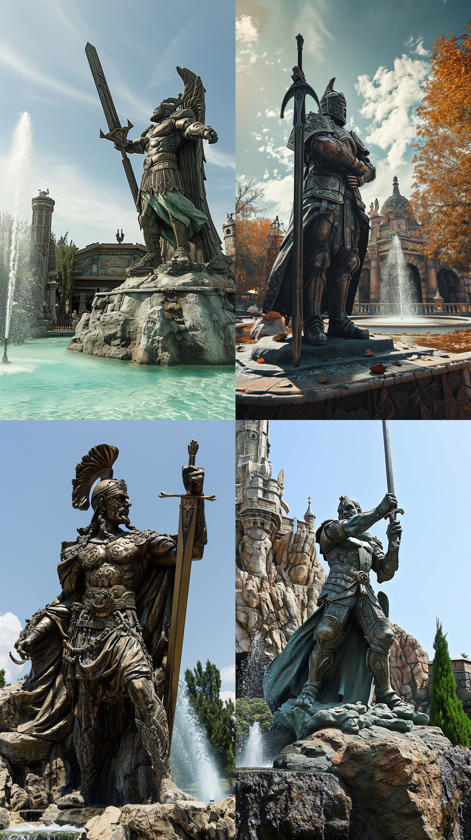 一位威风凛凛的古代将军 手持宝剑 杀气腾腾 在游乐园门口 附近还有一个音乐喷泉