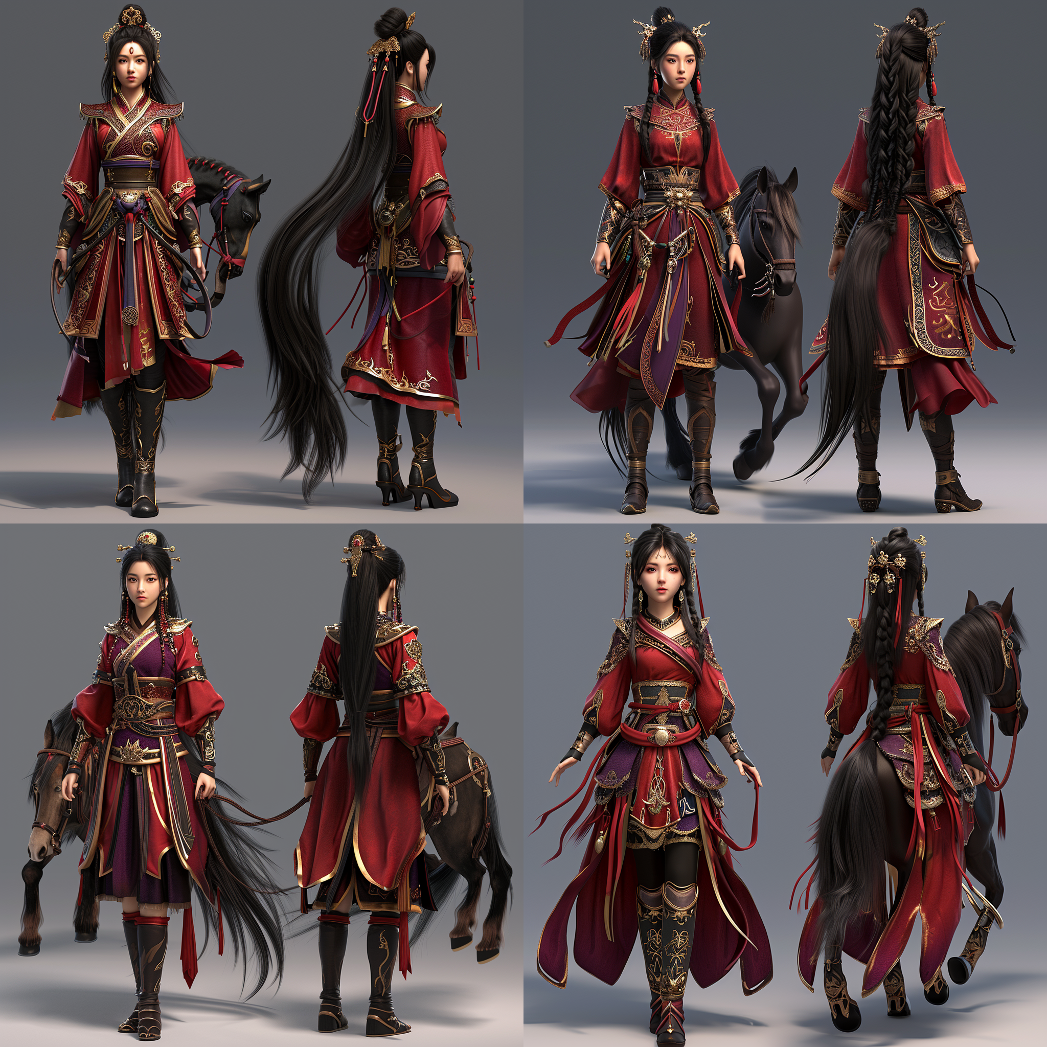 全身，前后三视图，一个穿着中国明朝马面服饰的女孩，衣服为暗红色和紫色，长长辫子，乌黑的头发带着金色发簪，穿着靴子，超逼真的细节渲染，c4d，redshift ar -seed -s 470