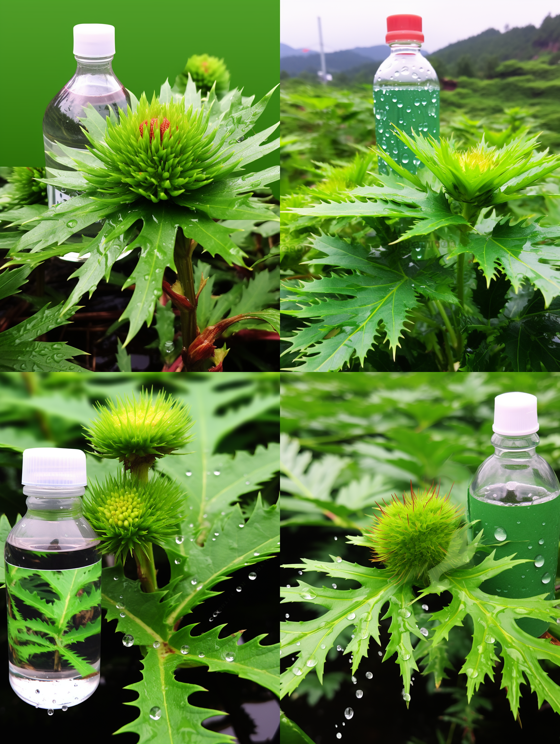 请根据植物学菊科松香属对串叶松香草的形态样貌的描述和定义以及参考图生成串叶松香草的在雨中，松草草的叶子被雨水淋湿，串叶松香草落满了大小不等的水珠，水滴流到sod液的瓶子里，瓶子里液体的涟漪水波，顶级的画面质感，科技美学，充分体现科技感，顶级的摄影效果，唯美，串叶松香草，水平构图，自然环境，长焦镜头，柔和光线，悠闲氛围，绿色调，微风拂动，细腻质感。