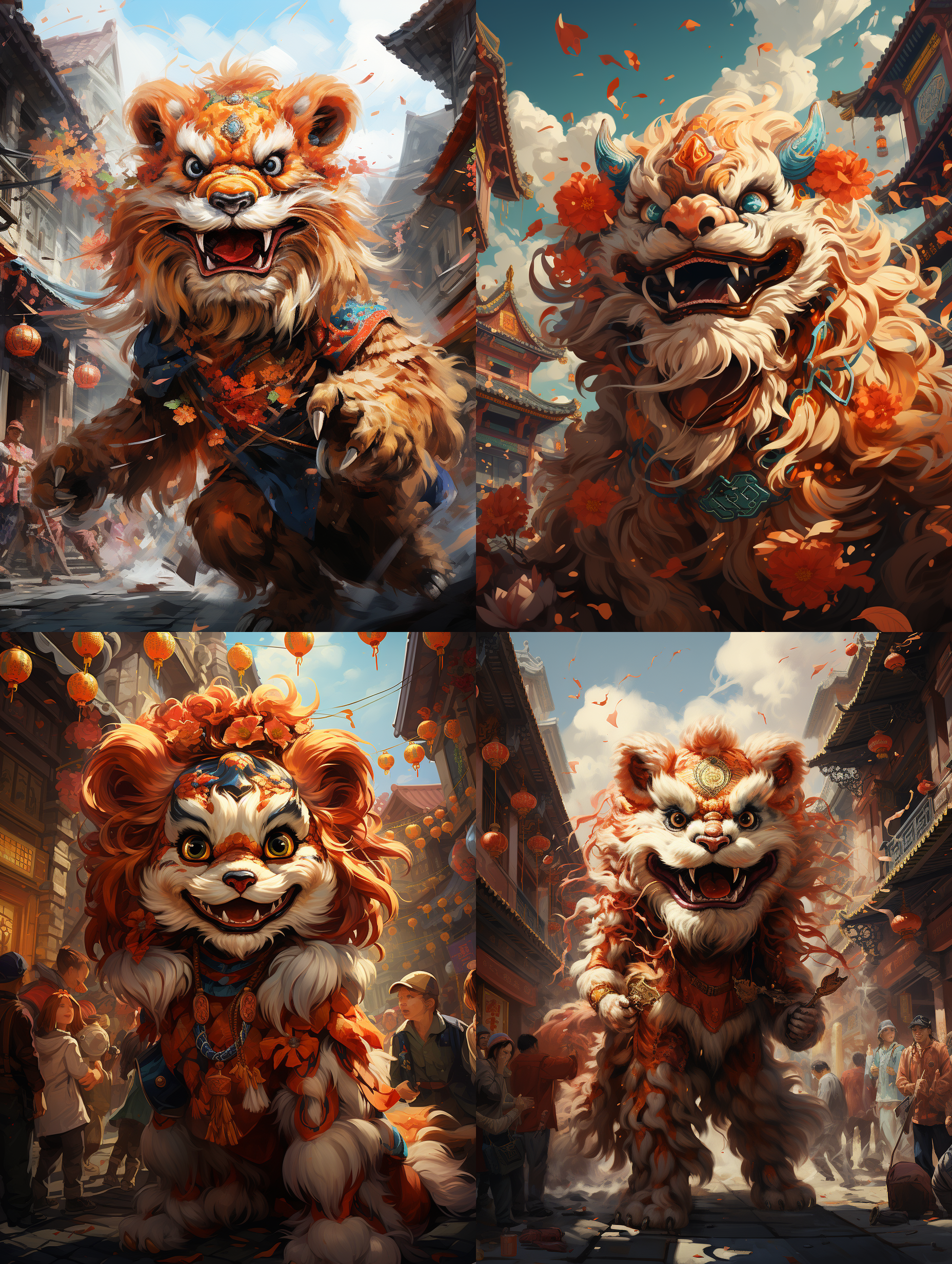 中国风舞狮，广场上，围观群众多，多色，背景纯色，动态优美，活泼可爱，真实风格