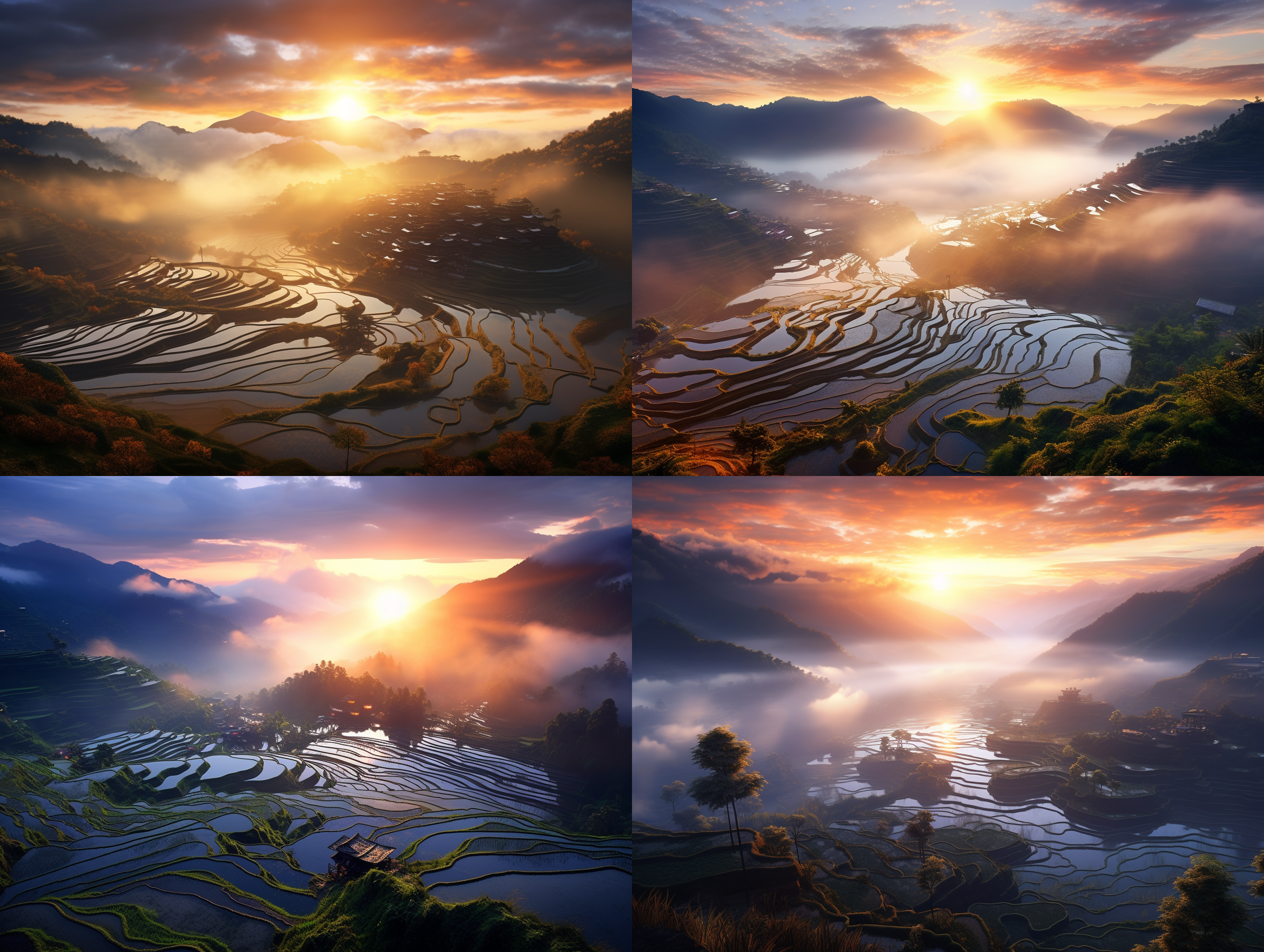 以元阳梯田日落为主题生成一张摄影照片，环境中有雾气，要表现出梯田在阳光下色彩的冷暖变化和明暗对比，侧逆光效果。 写实 极其精致和美丽 照片 超级高分辨率 大文件 风景