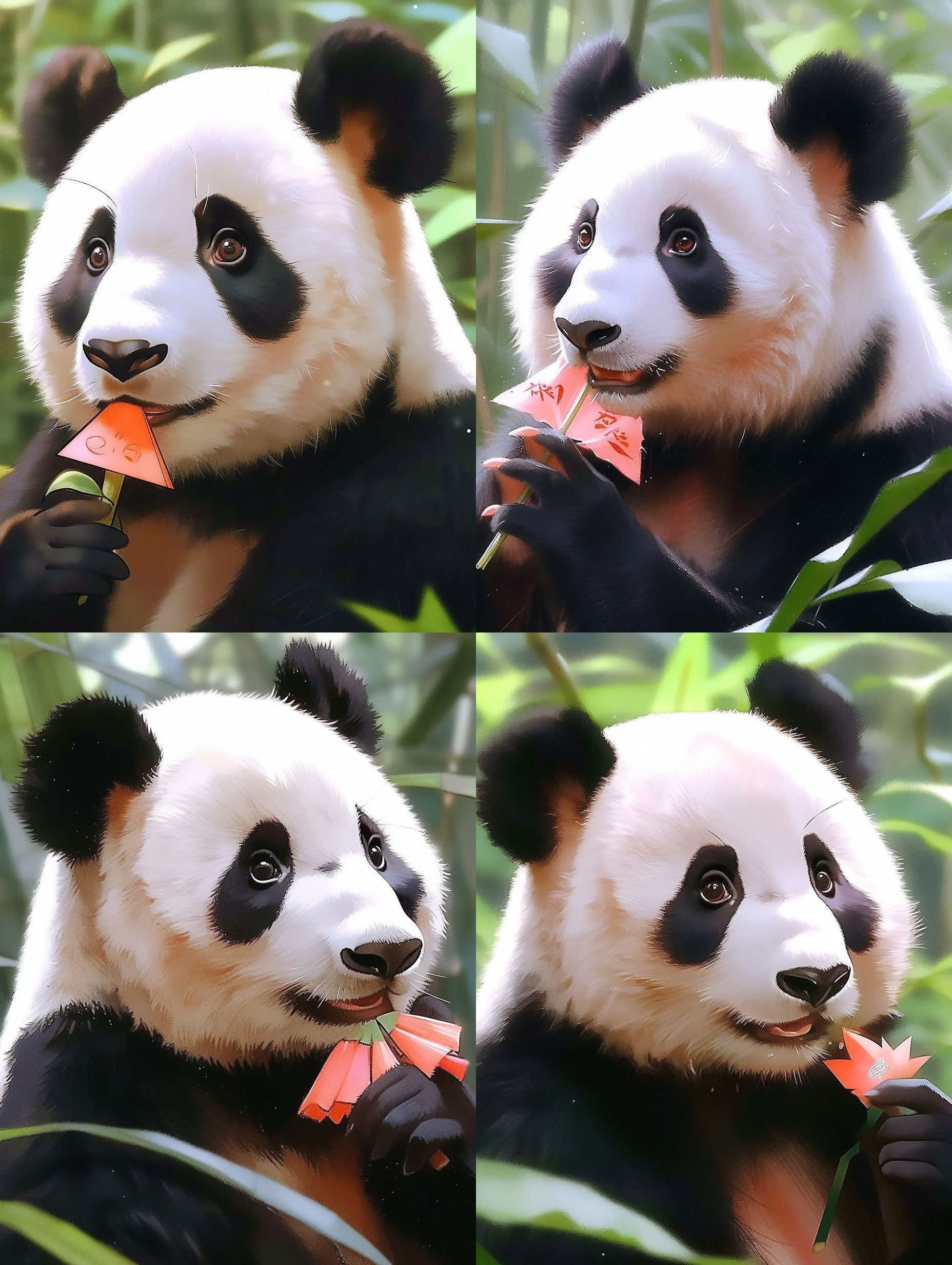 身穿粉色汉服裙子，头戴粉色小花，右手拿团扇，半身图，背景是竹林，中国风，动漫