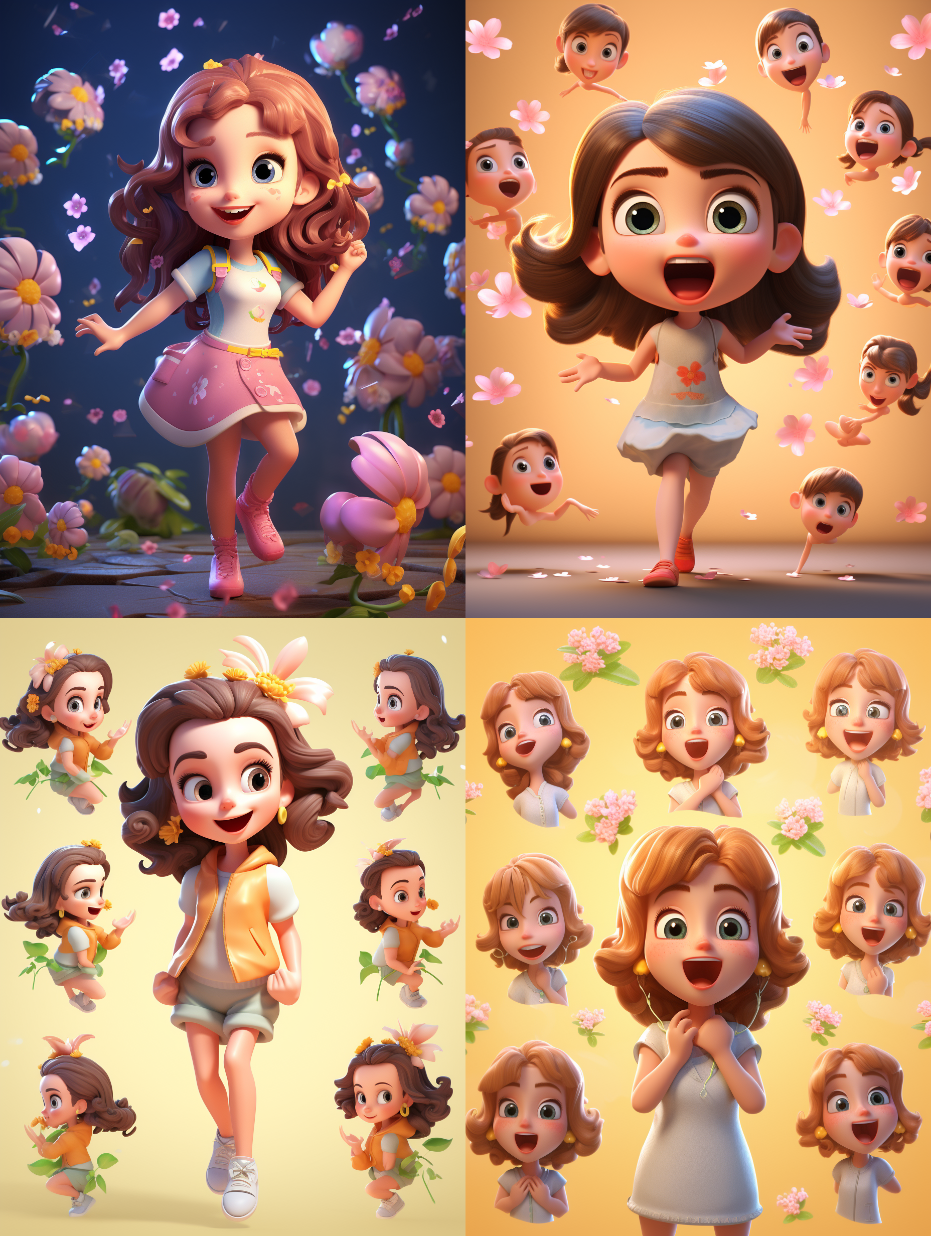 3d emoji,expression sheet,super cute girl,ip by popmart, disney style,pixar style,scenesin spring,pastel color, surroundedby flowersfine luster, gentered composition,3d render, soft focusoc, blender