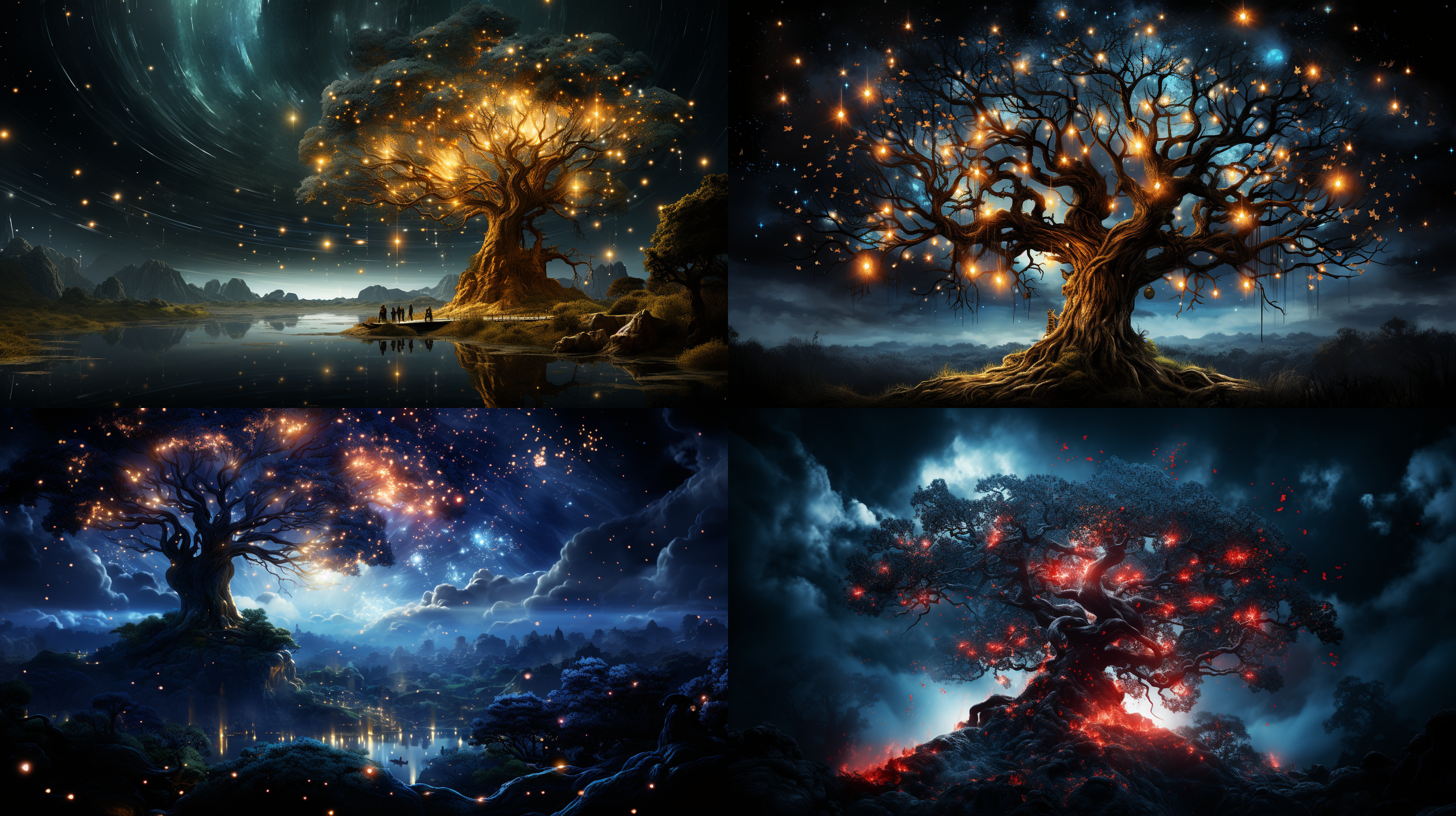 一个大树在晚上，背景是蓝色星空，树上挂着很多灯笼和红丝带，旁边有点光照亮