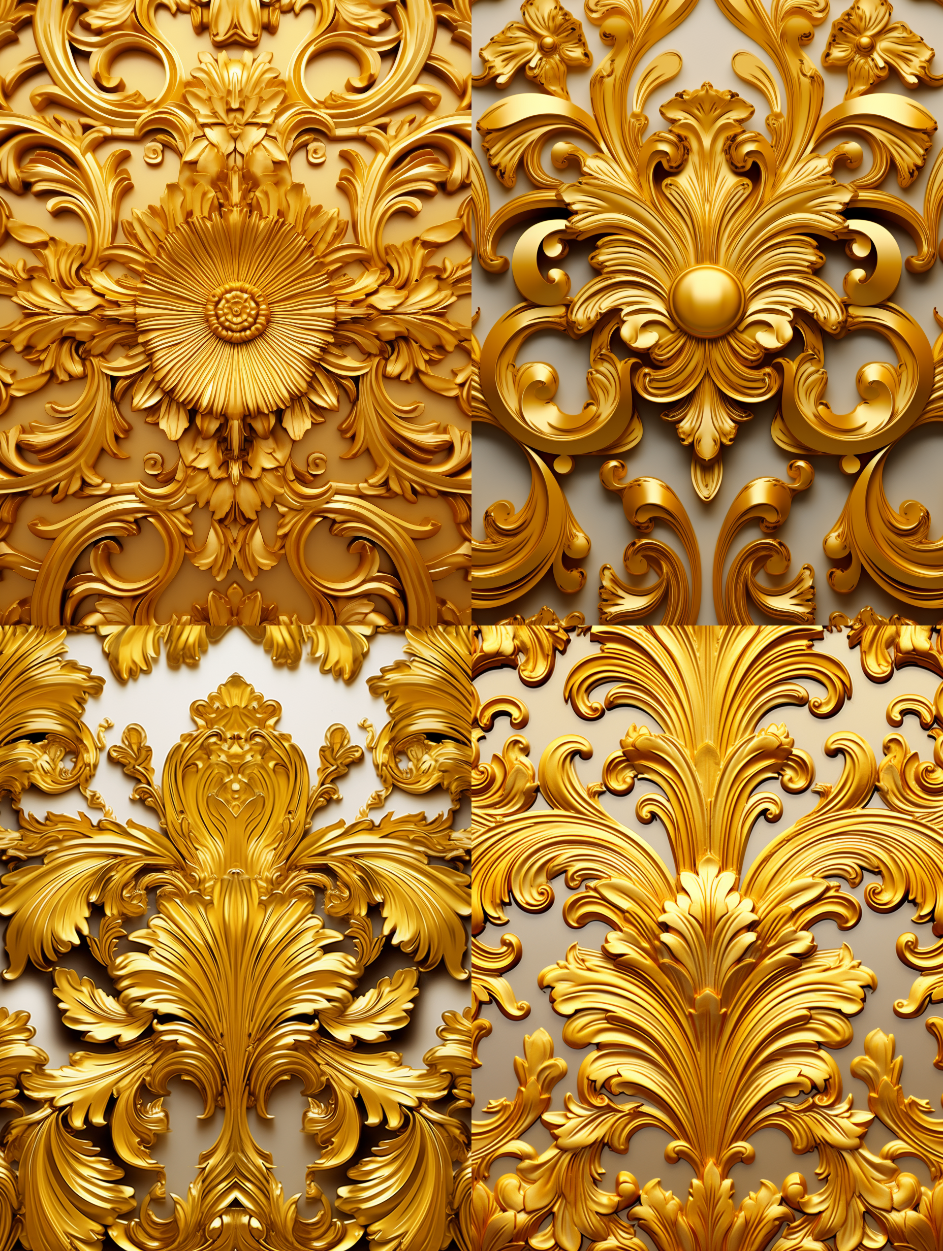 巴洛克风格的图案，立体感，金黄色，金属质感很强，一个大的图案，又由多种图案的组成，四方连续图案，
