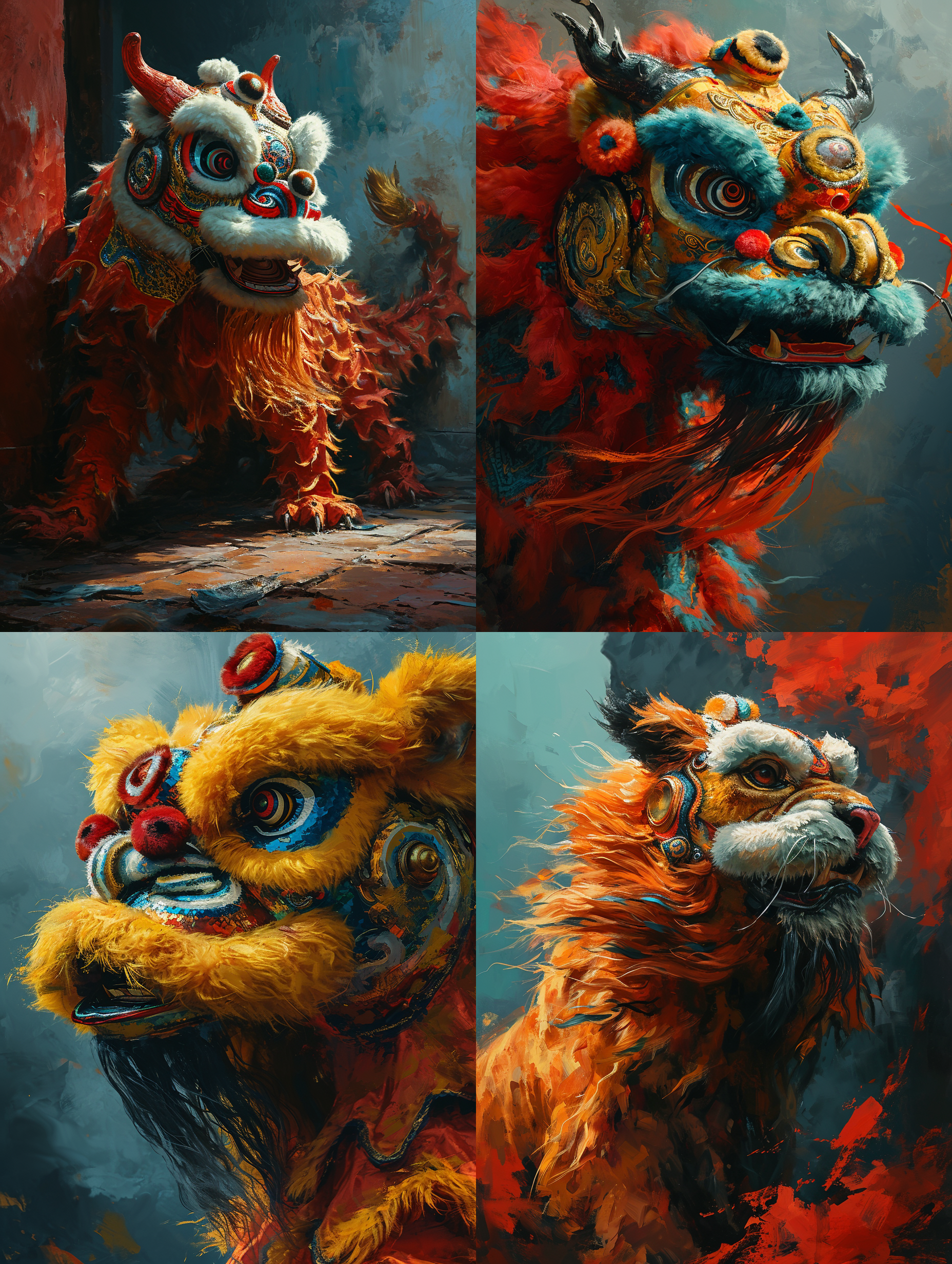 中国风舞狮，多色，背景纯色，动态优美，活泼可爱