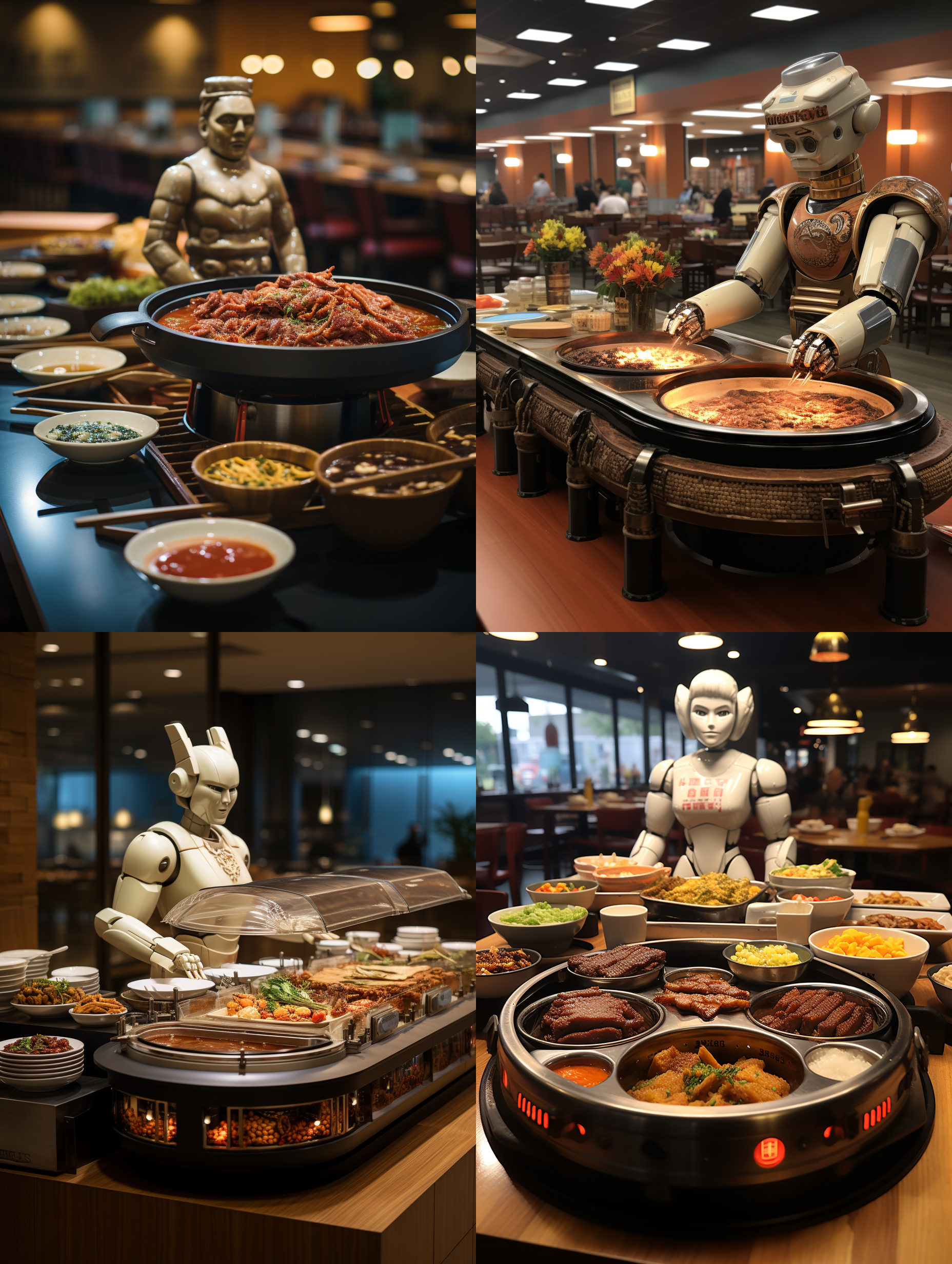 美女机器人坐在重庆火锅桌子前，火锅餐桌摆满一桌子的火锅菜品，现切的牛肉，羊肉，青菜，蘸料，桌中央翻滚的红油火锅汤锅，机器美女手拿筷子夹着一块从火锅里捞出的块肉，张开嘴很想尝尝，幽默 ，可爱，俏皮, 专业餐饮摄影，柔和明亮的灯光，顶级的人物摄影效果和画质，正面视角。颜色层次丰富，细节丰富，