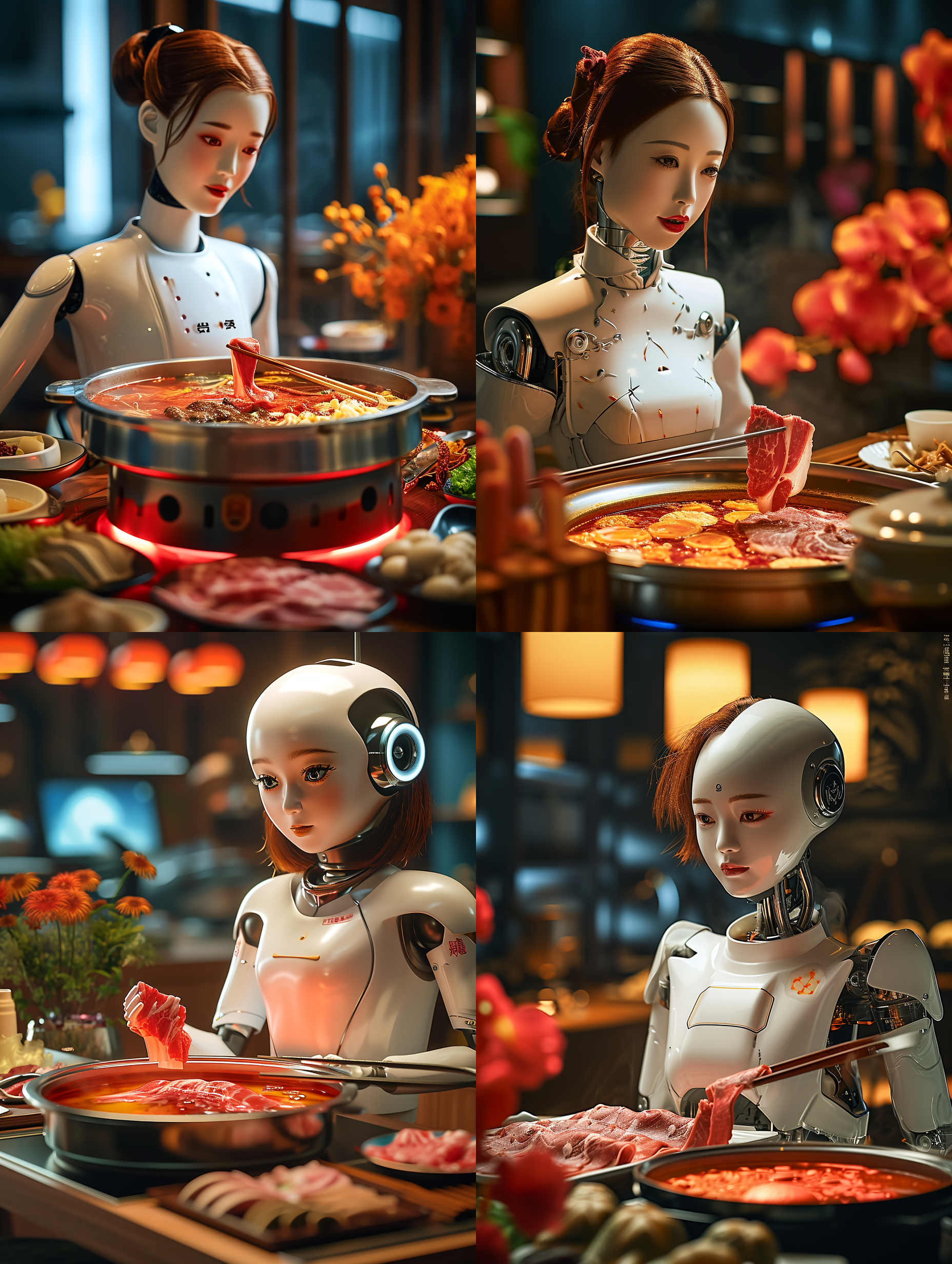 美女机器人坐在重庆火锅桌子前，火锅餐桌摆满一桌子的火锅菜品，现切的牛肉，羊肉，青菜，蘸料，桌中央翻滚的红油火锅汤锅，机器美女手拿筷子夹着一块从火锅里捞出的块肉，张开嘴很想尝尝，幽默 ，可爱，俏皮, 专业餐饮摄影，柔和明亮的灯光，顶级的人物摄影效果和画质，正面视角。颜色层次丰富，细节丰富，