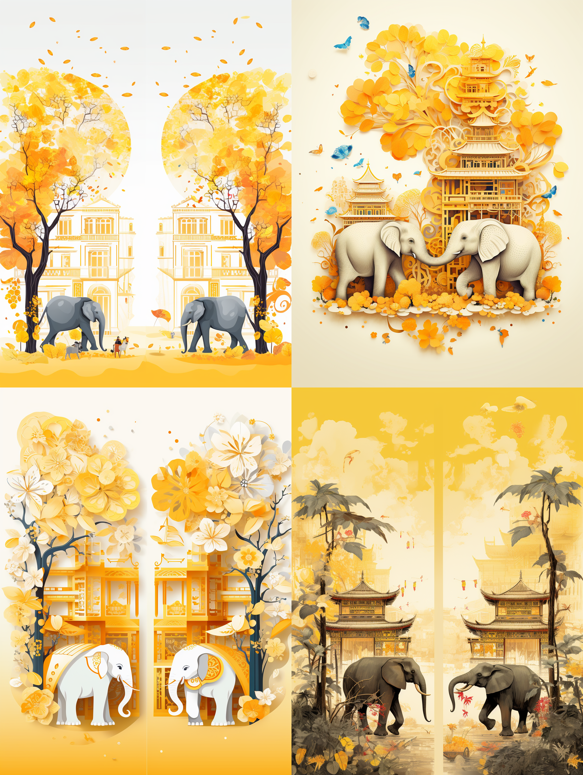 two houses are painted with chinese characters on paper, in the style of yellow, joyful celebration of nature, light beige and beige, innovative page design, elegant cityscapes, leaf patterns, uhd image iw2 a3尺寸
