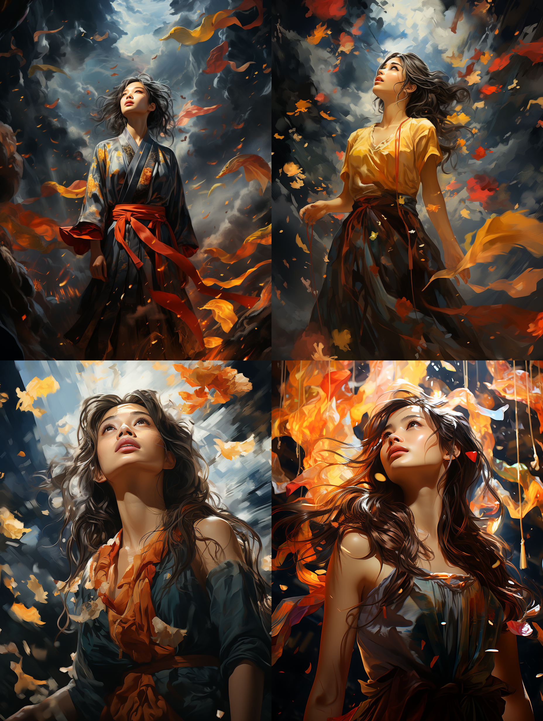 一位中国女士穿着长裙仰望天空，大雨澎湃，彩色的飘带飘满天空，真实风格，俯拍