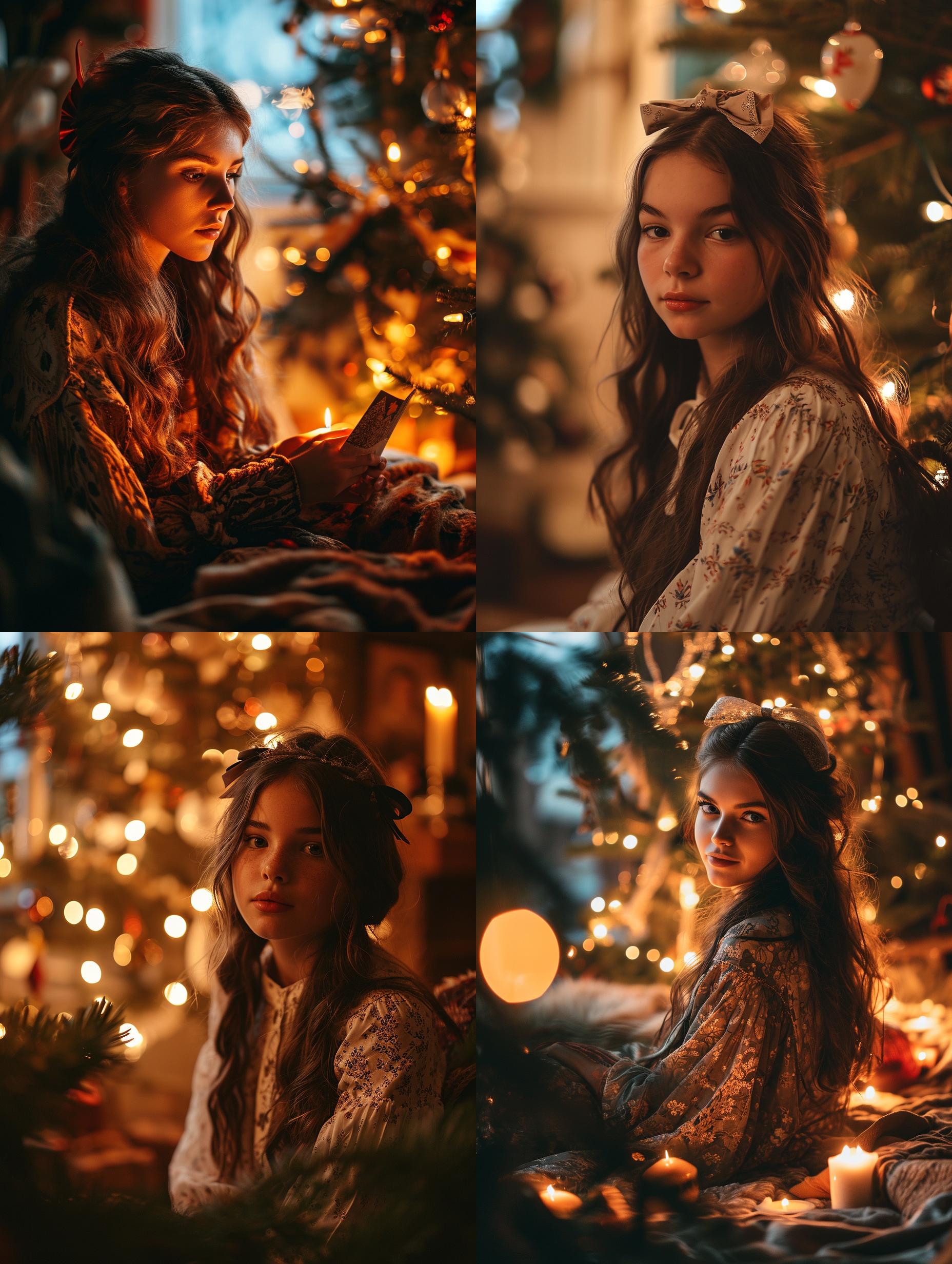 a girl with long hair and a bow in her hair sitting in front of a christmas tree with a christmas card, cute,soft candle light,knees up ,velvet,relaxed,dslr,bedroom,long shot(ls),best quality