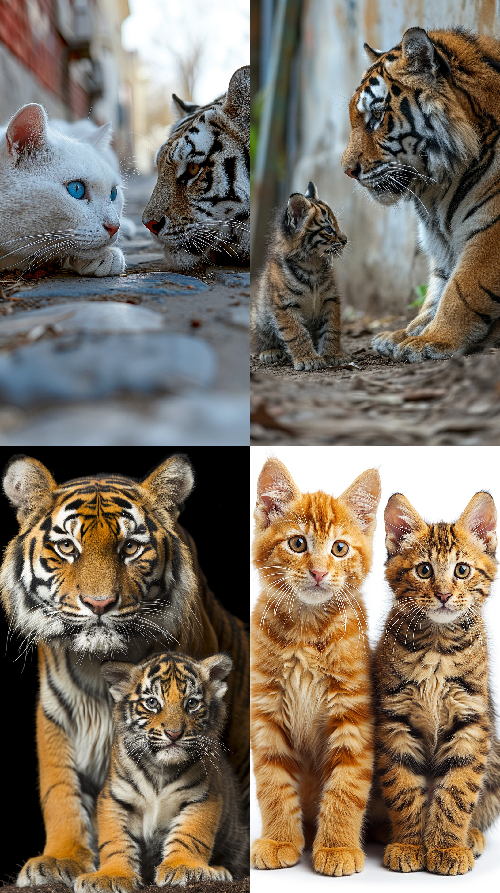 一只小猫和一只老虎互相对视，白色背景，全景视角，广角镜头，激烈的眼神交流