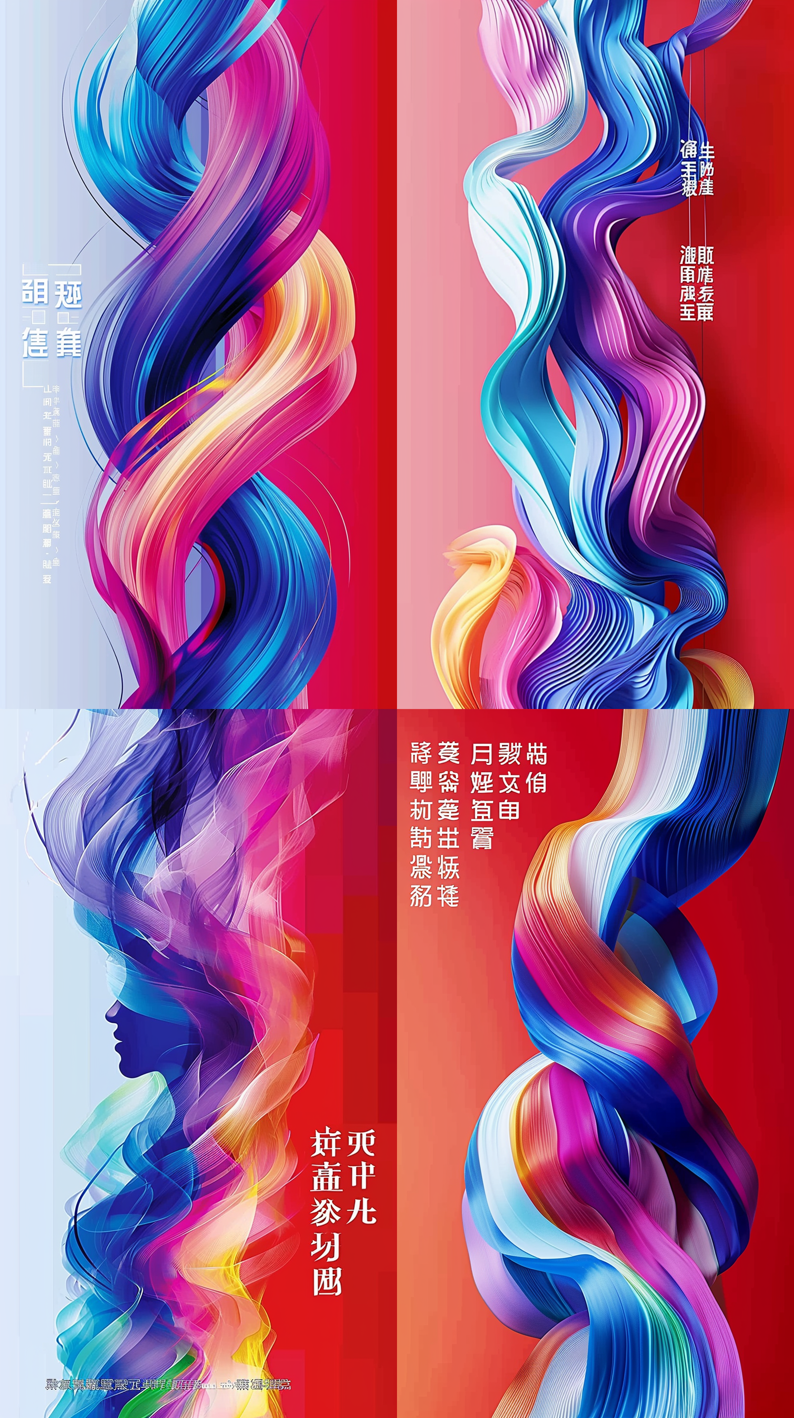 生成一个贺年海报，七色彩虹的彩色条带緾绕交错在一起，颜色 和谐，专业配色，元旦和春节的喜庆的气氛，背景为贺年的红色为背景色调，顶级专业的设计水平，排版专业简介大气，创意画面新颖独特，8k的顶级画质，色彩细节丰富，饱和的色彩